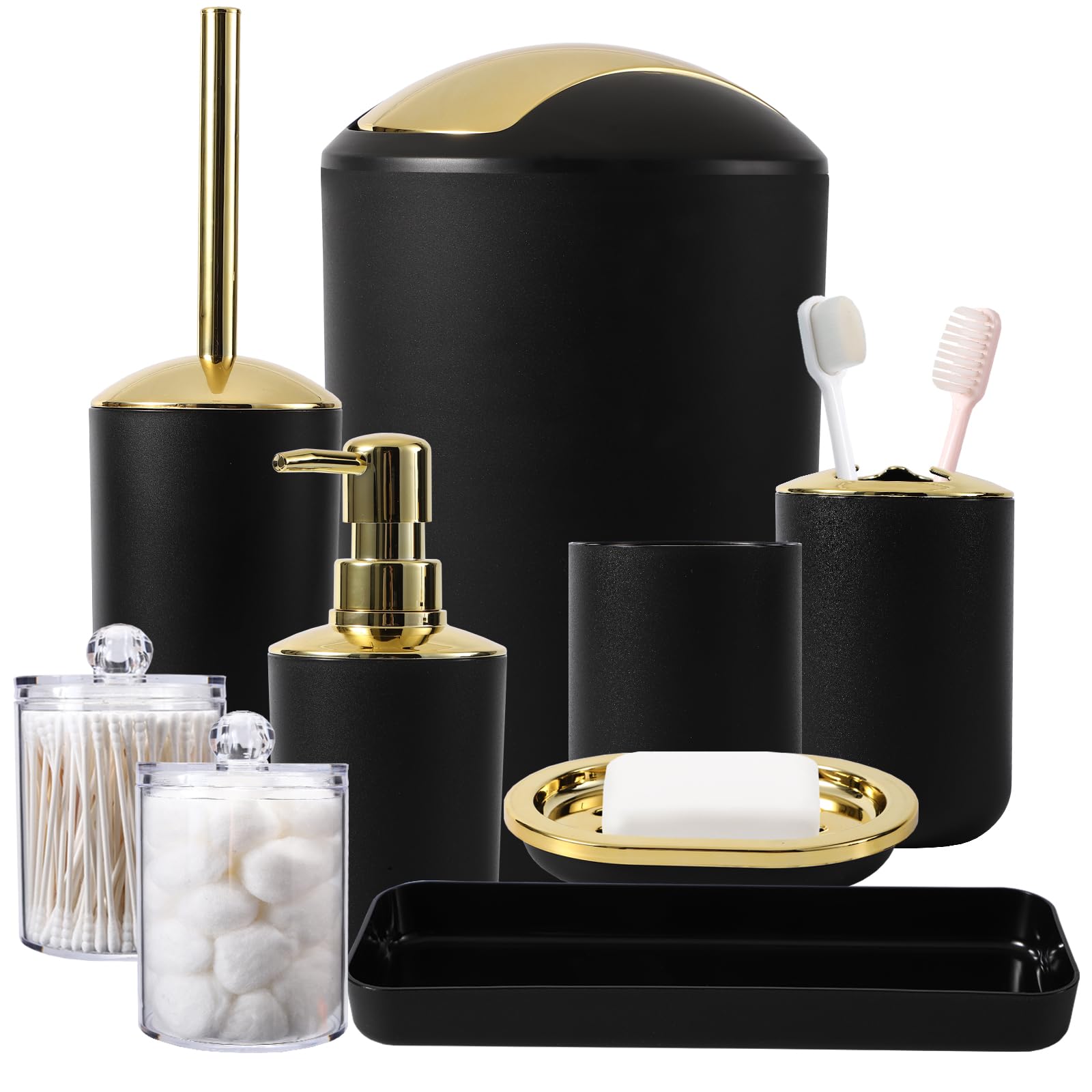 9Pc Black And Gold Bathroom Accessories Set - Trash Can, Soap Dispenser Set, Soap Dish, Toilet Brush With Holder, Toothbrush Hol