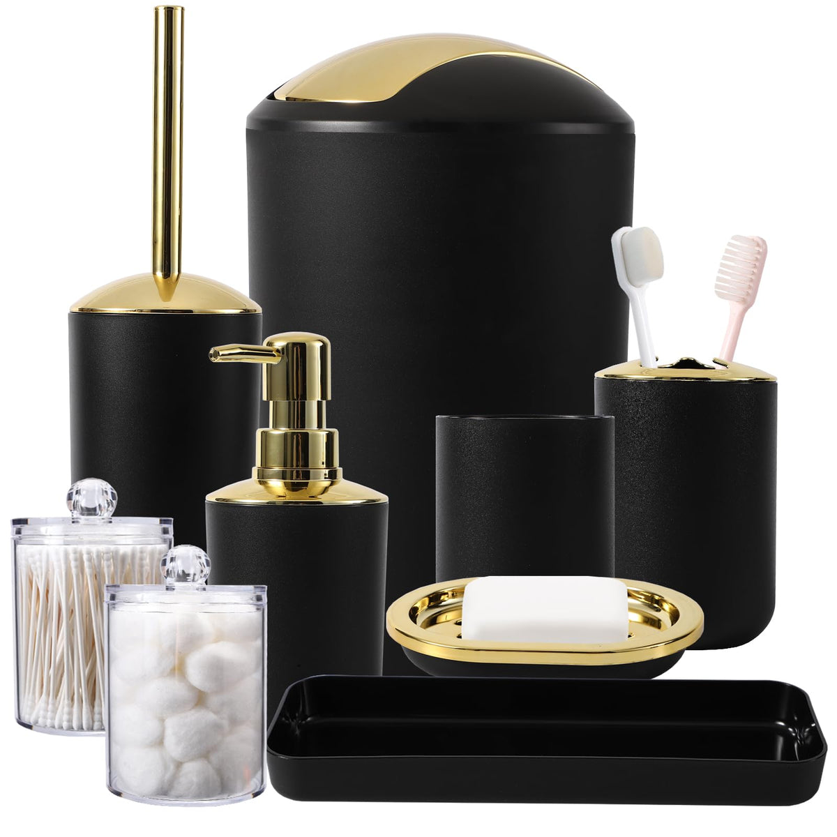 9Pc Black And Gold Bathroom Accessories Set - Trash Can, Soap Dispenser Set, Soap Dish, Toilet Brush With Holder, Toothbrush Hol