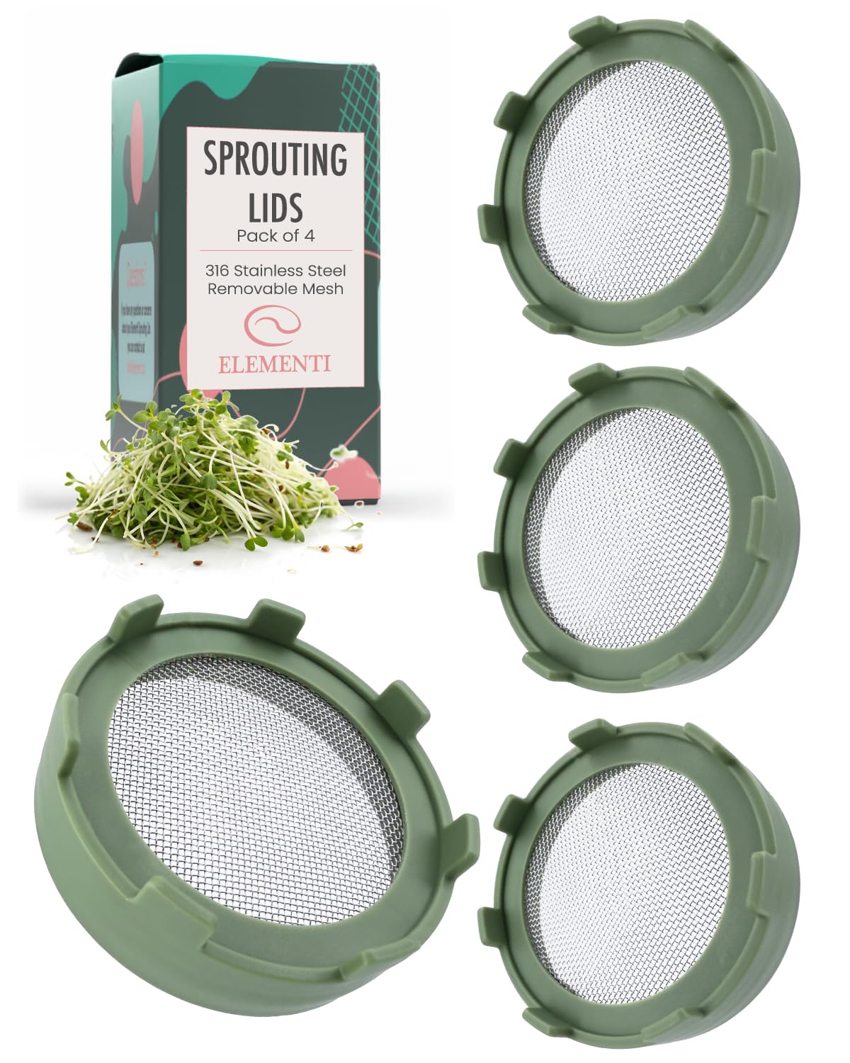 Elementi Sprouting Lids for Wide Mouth Mason Jars (Set of 4), Sprouting Jar Kit for Organic Alfalfa & Mung Bean Sprouts Growing 