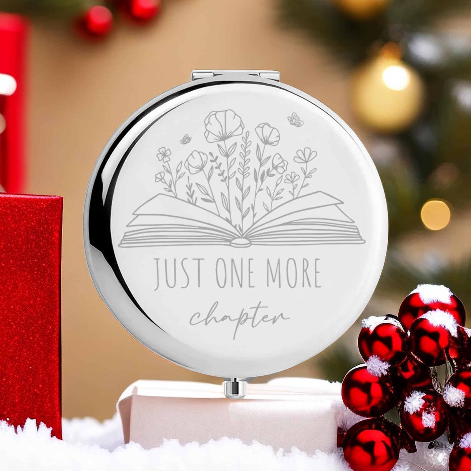 Kasuwow Compact Mirror for Book Lovers, Stainless Steel, 2.6" x 2.6", Perfect Gift for Librarians and Readers