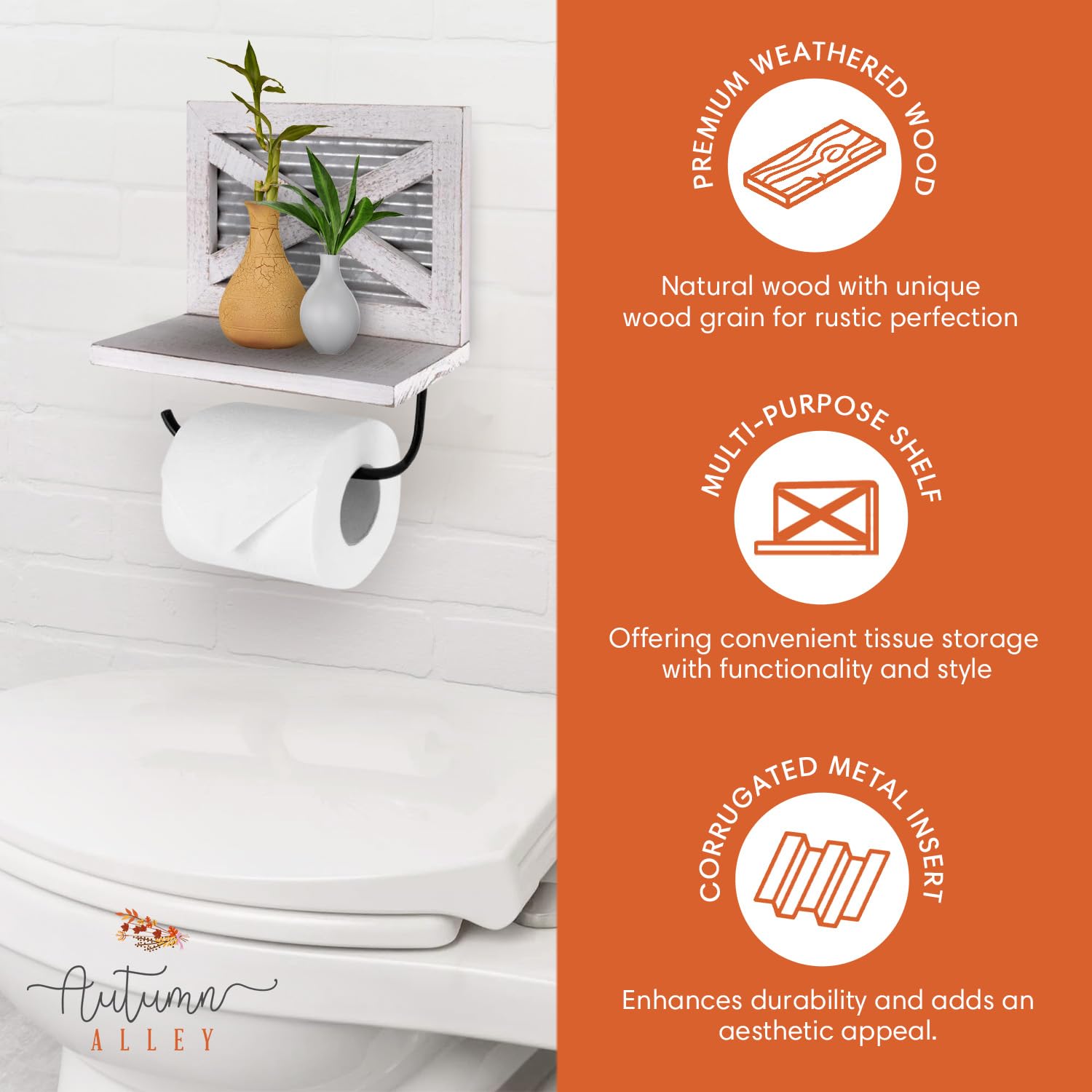 Autumn Alley Farmhouse Toilet Paper Holder with Shelf - Rustic Farmhouse Bathroom Decor - Unique Farmhouse Bathroom Accessories and Western Bathroom Decor Wall Mounted  White Wood