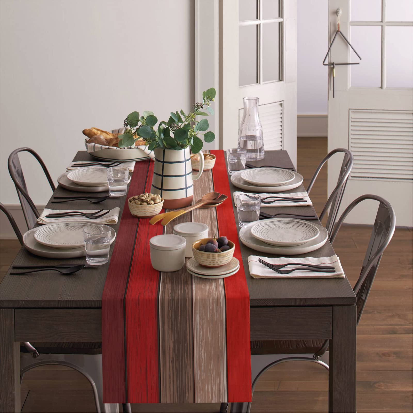 Farmhouse Christmas Table Runners Small 13X36 Inches ,Non-Slip Rectangle Cotton Linen Ombre Red Brown Holiday Runners, Retro Rus