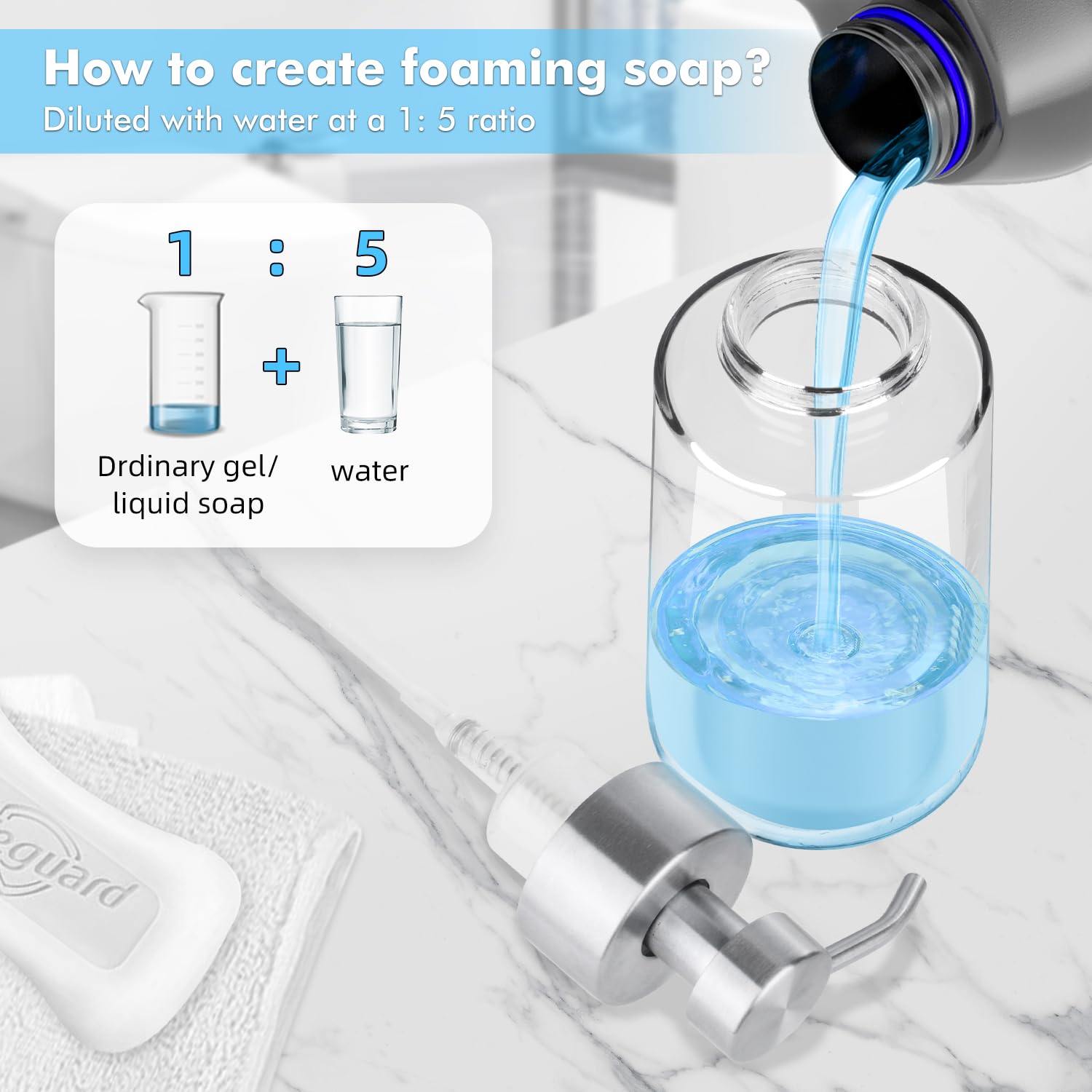 Glubee Foaming Soap Dispenser, 15 Oz Glass Hand Soap Dispenser With Rust Proof Stainless Steel Pump, Refillable Clear Foam Soap