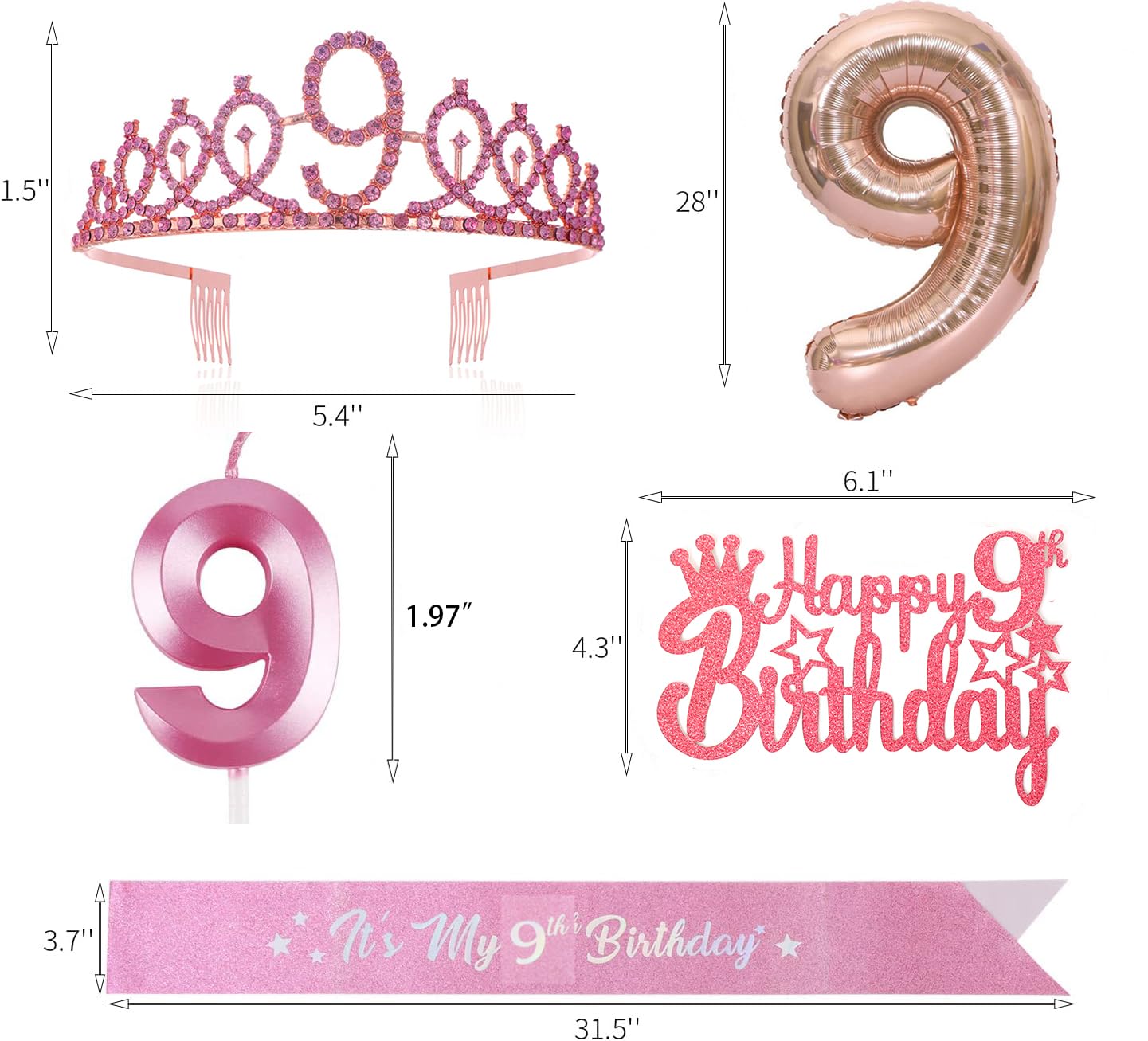 9Th Birthday Decoration For Girl,It'S My 9Th Birthday Sash Rhinestone Crown Happy Birthday Cake Topper Foil Balloon For Girls Bi