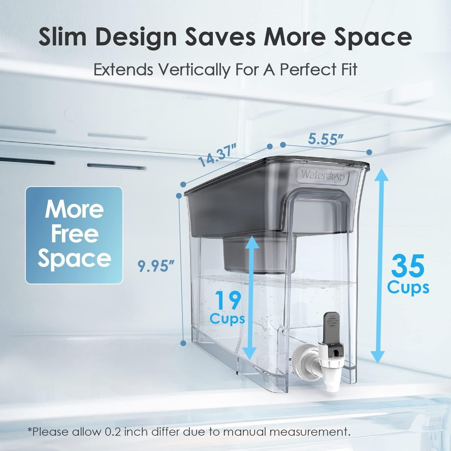 Waterdrop 35-Cup Slim Water Filter Dispenser, Large Capacity, 200-Gallon Long-Life, 5X Lifetime, Reduces Chlorine, Pfoa/Pfos And