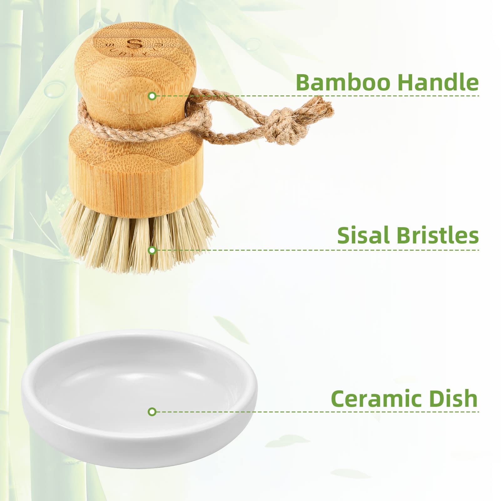 Bamboo Dish Scrub Brushes By Subekyu, Kitchen Wooden Cleaning Scrubbers Set For Washing Cast Iron Pan/Pot, Natural Sisal Bristle