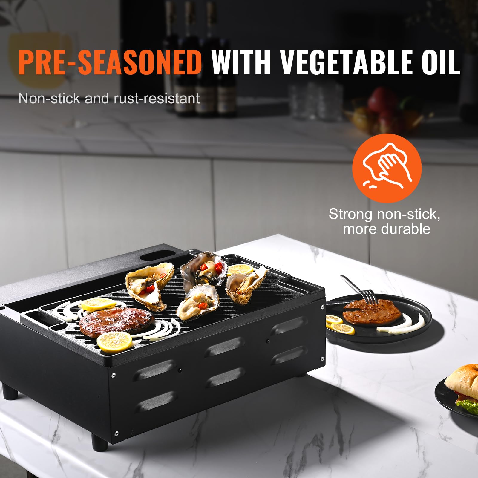 Vevor Reversible Grill/Griddle, 17X10'' Pre-Seasoned Cast Iron Griddle, Rectangular Double Burner Griddle Pan, Non-Stick Family