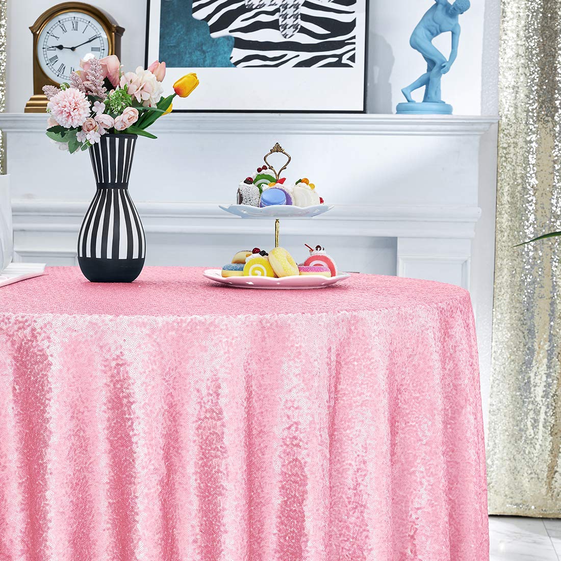 Hahuho 50x50 inch Square Sequin Tablecloth Pink  Glitter Tablecloth for Bridal Shower Decorations  Birthday  Wedding  Dessert  Banquet(50x50 Inch  Pink)