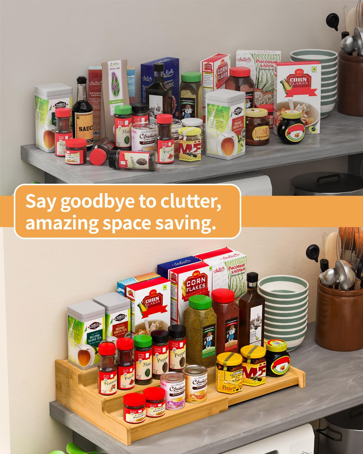 VenDotbi Spice Rack Organizer, 3 Tier Expandable Bamboo Spice Rack Organizer, Great for Kitchen Cabinet, Cupboard, Pantry and Mo