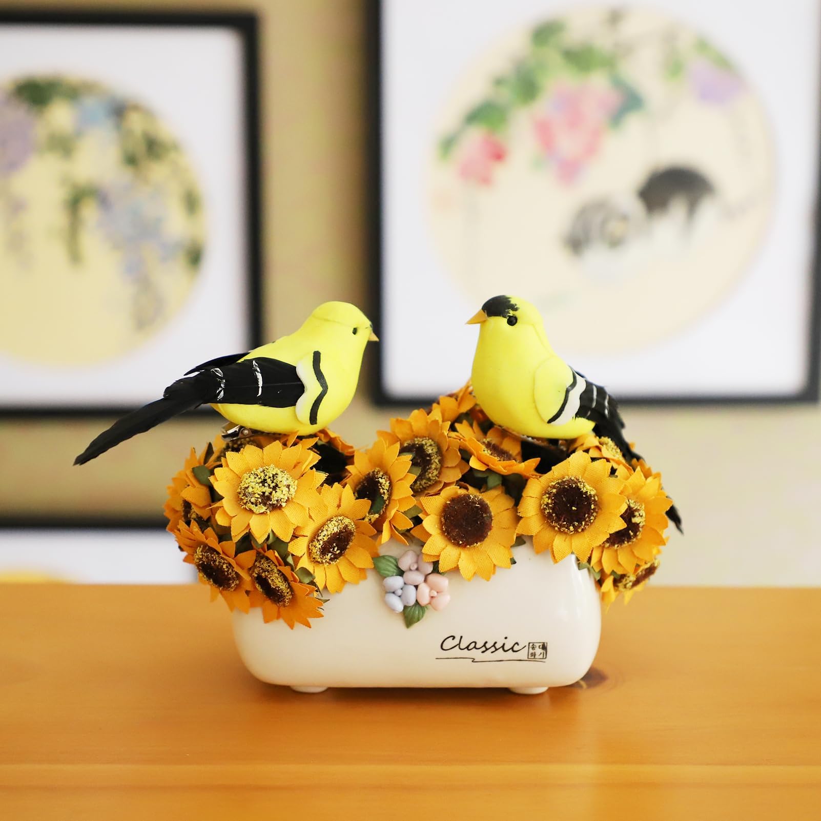 Artificial Birds Realistic Yellow Goldfinch 2 Pack Clip on Foam Feathered Bird Ornaments Figurines for Christmas Tree Decoration