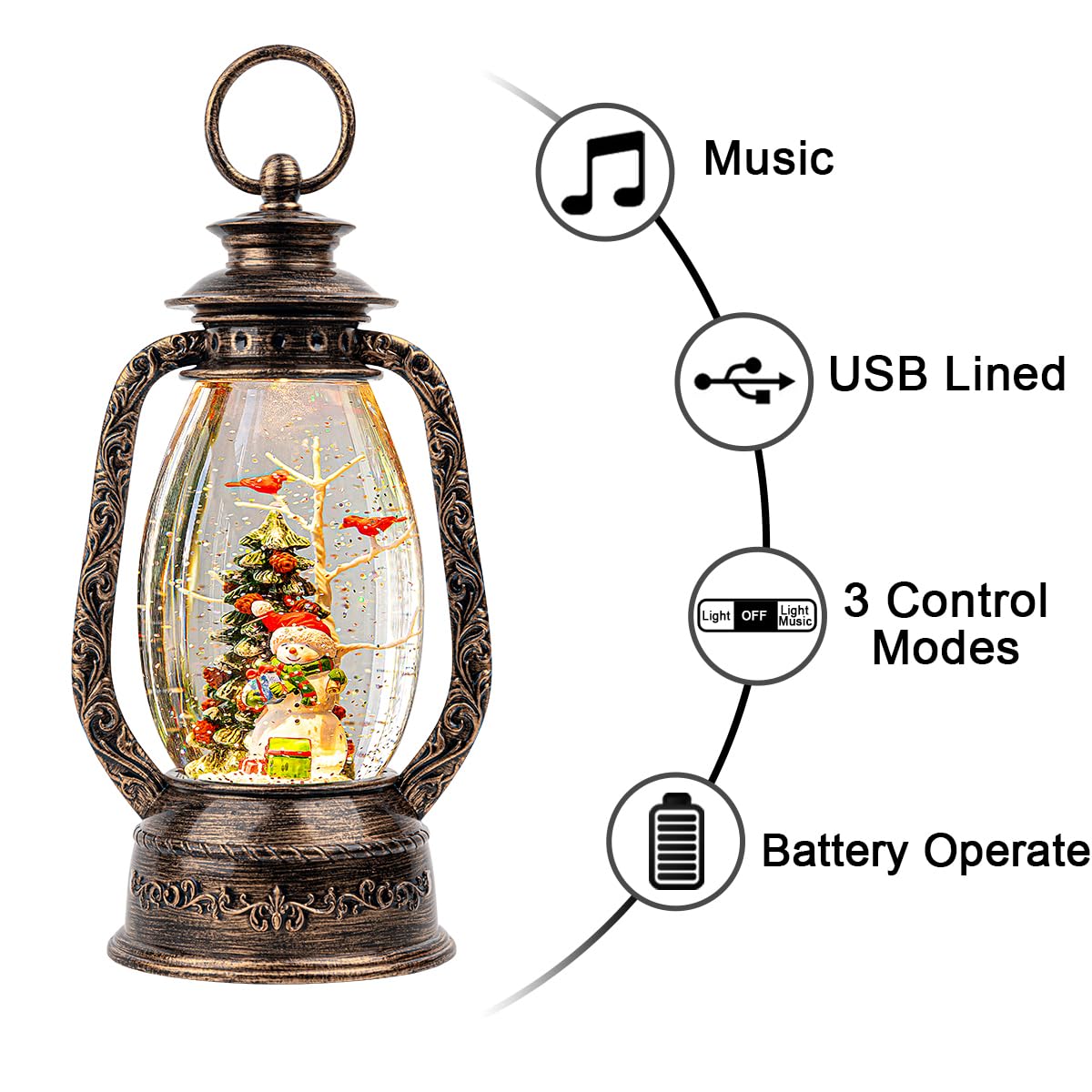 12 Christmas Musical Snow Globe Lantern Spinning Water Glittering Snowman with Holiday Tree Scene, Battery & USB Powered Light