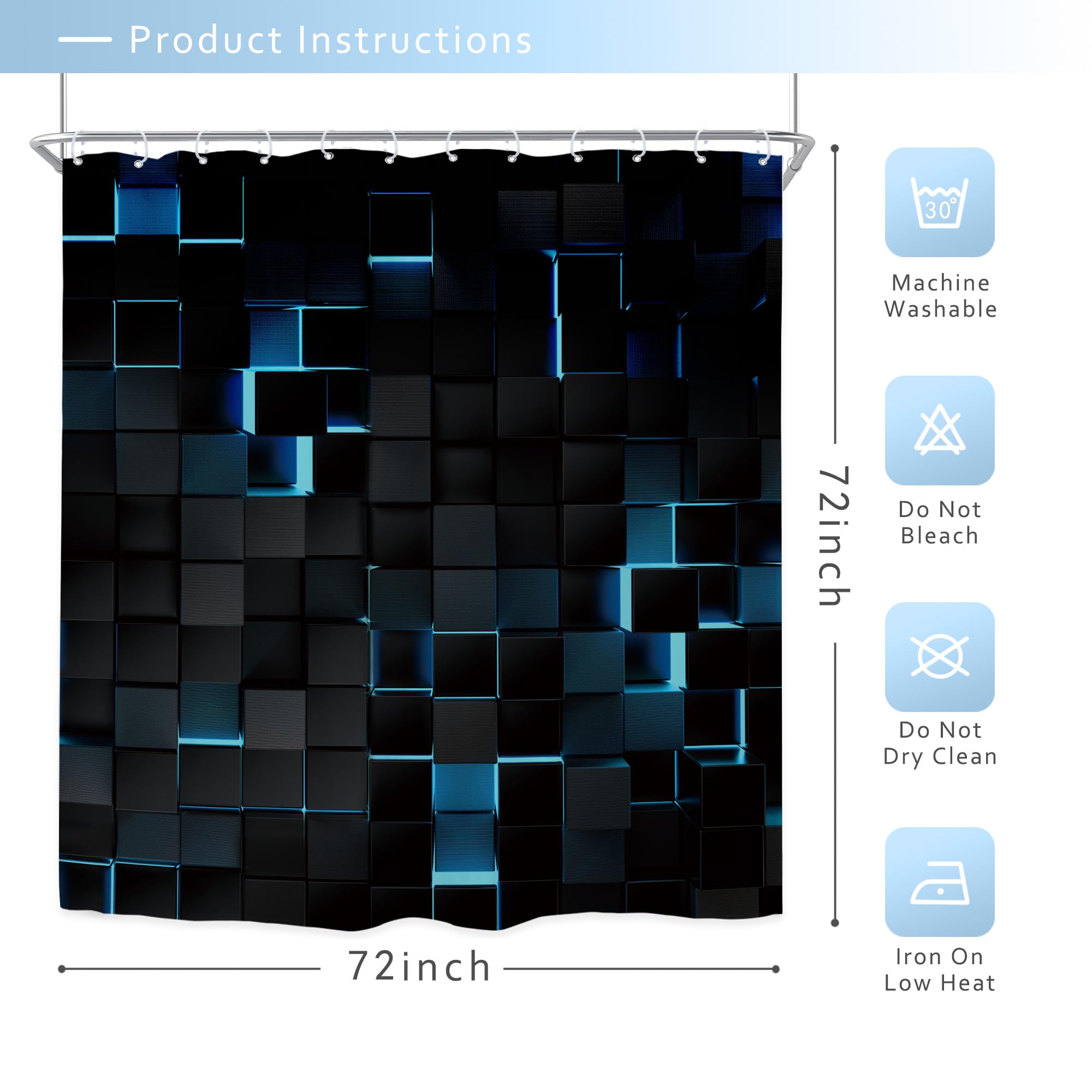 Riyidecor Black Navy Blue Wall Shower Curtain 72Wx72H Inch Abstract Brick Modern 3D Gradient Design Futuristic Cubes Geometric P