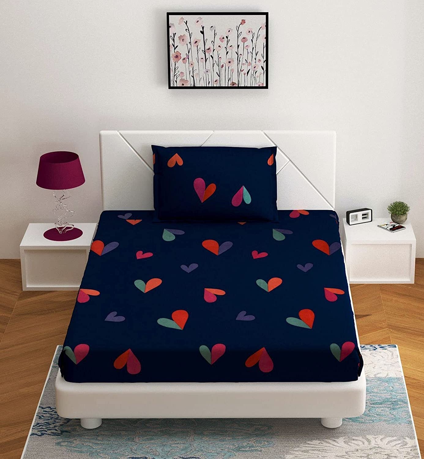 Spanglehomes Geometric 300 Tc 100% Soft Glace Cotton Elastic Fitted Single Bed Bedsheet With 1 Large Pillow Cover (36X72 And Pil