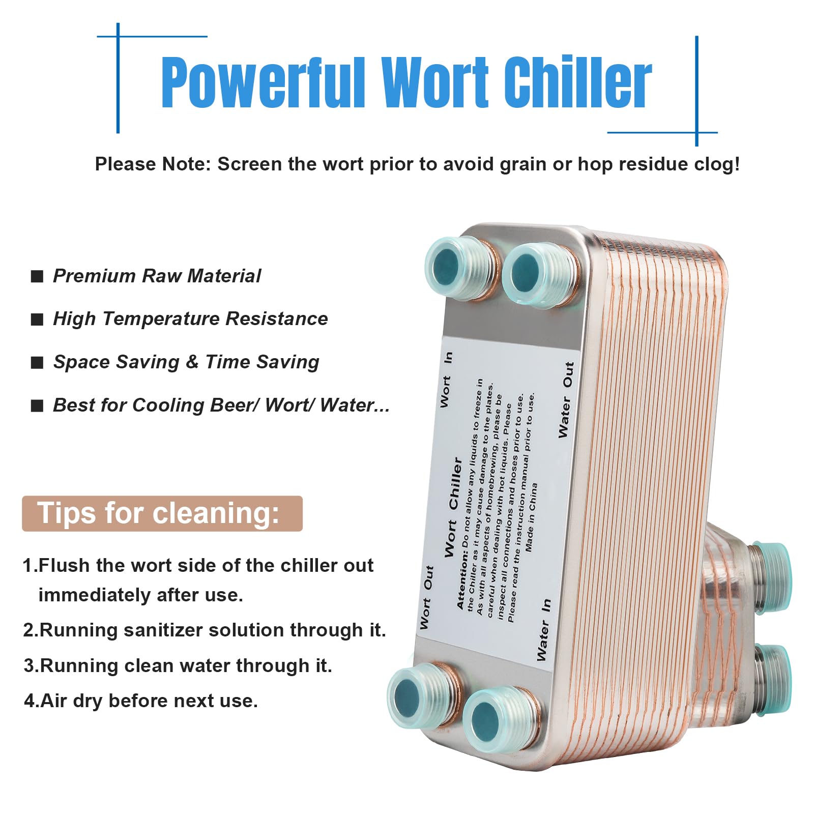 FERRODAY Wort Chiller 30 Plate 1/2 NPT Plate Chiller Stainless Steel Brazed Plate Heat Exchanger 1/2 Thread Plate Chiller - 7.3'' x 2.8''