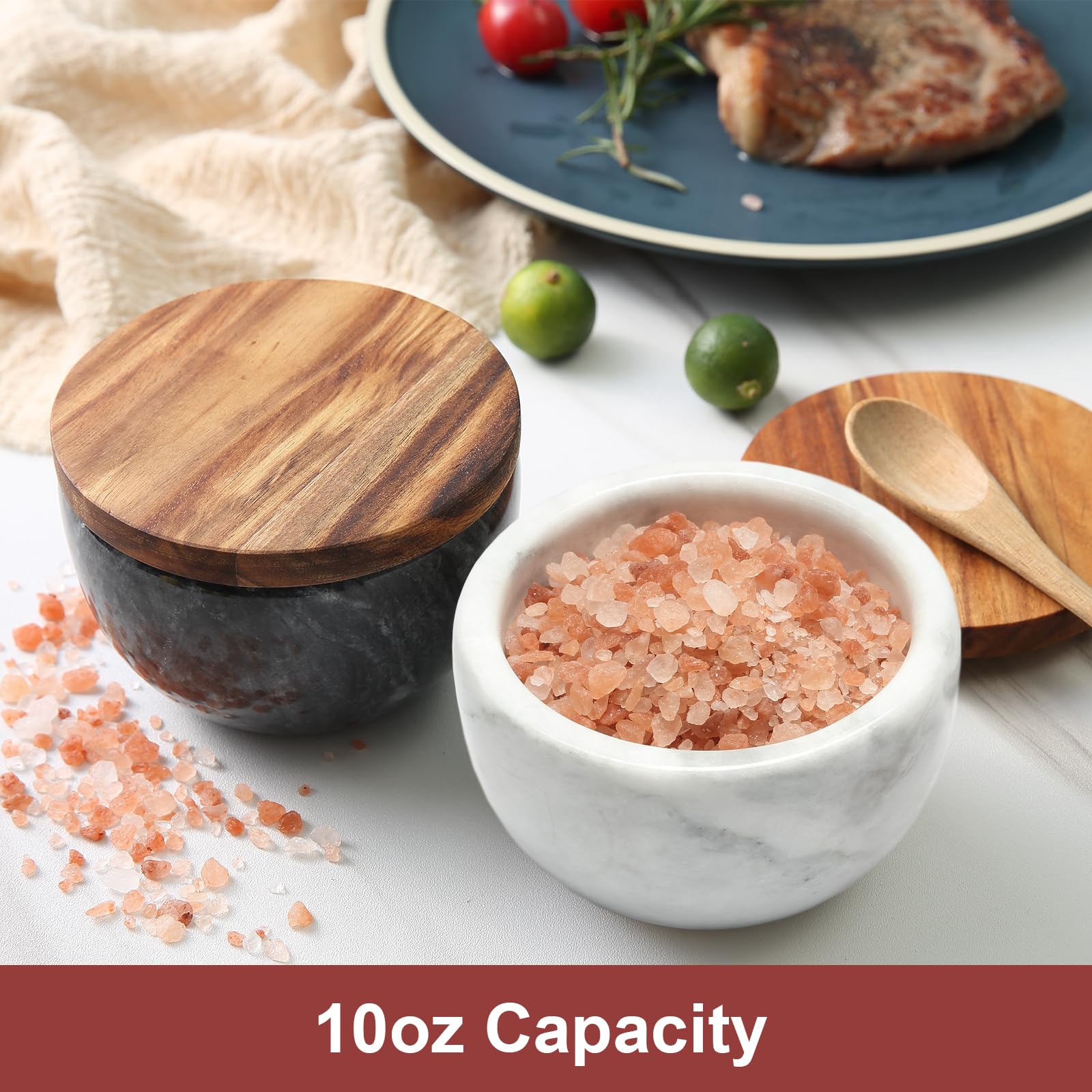 Jalz Jalz Salt Box Salt Cellar With Spoon Black Marble Base Natural Acacia Top Decorative Boxes Spice Seasonings Keeper Salt Con