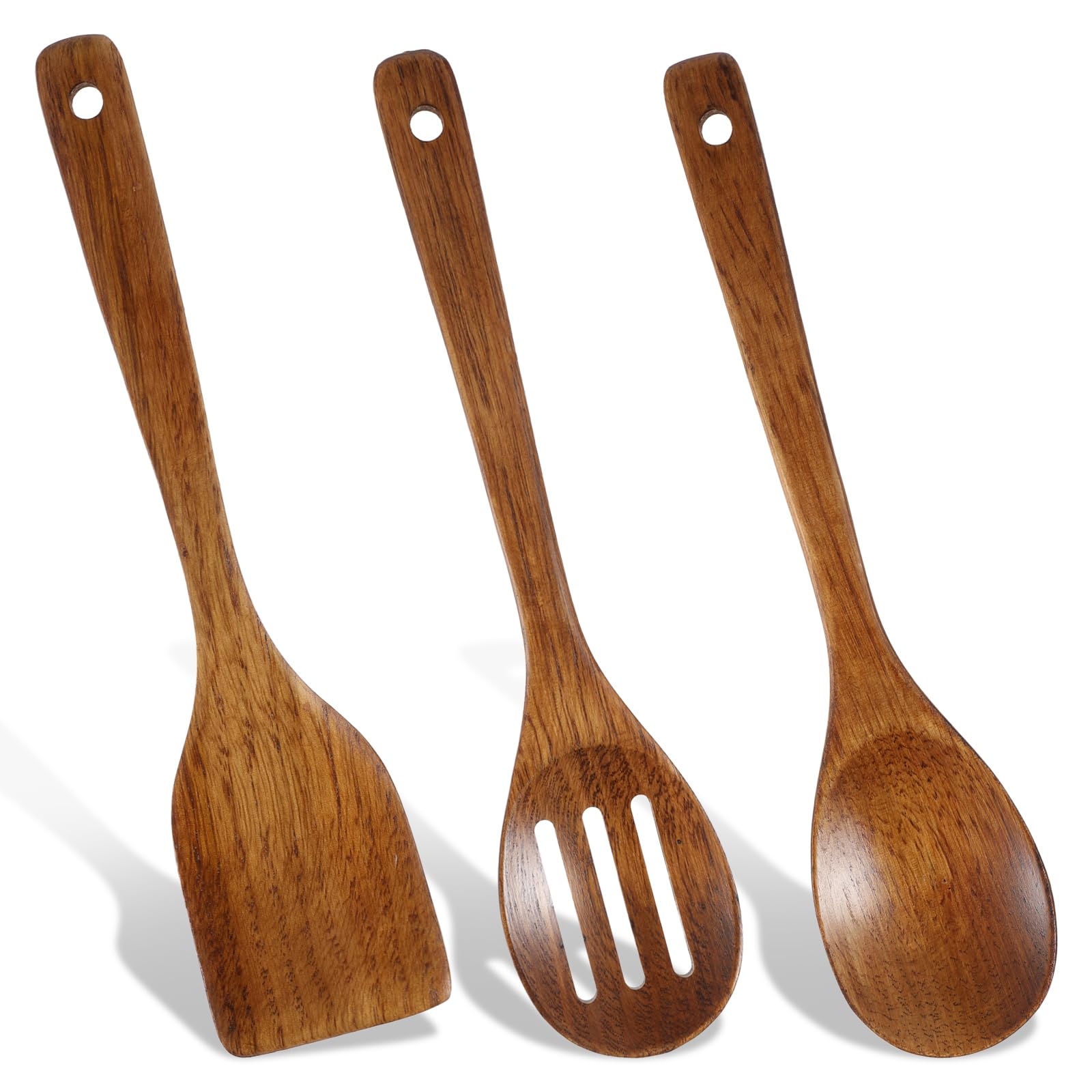 3PCS Wooden Spoons for Cooking 12 inch Non Scratch Woodens Spatulas Set Includes Slotted Spoon Woodens Spoon & Wooden Spatula fo