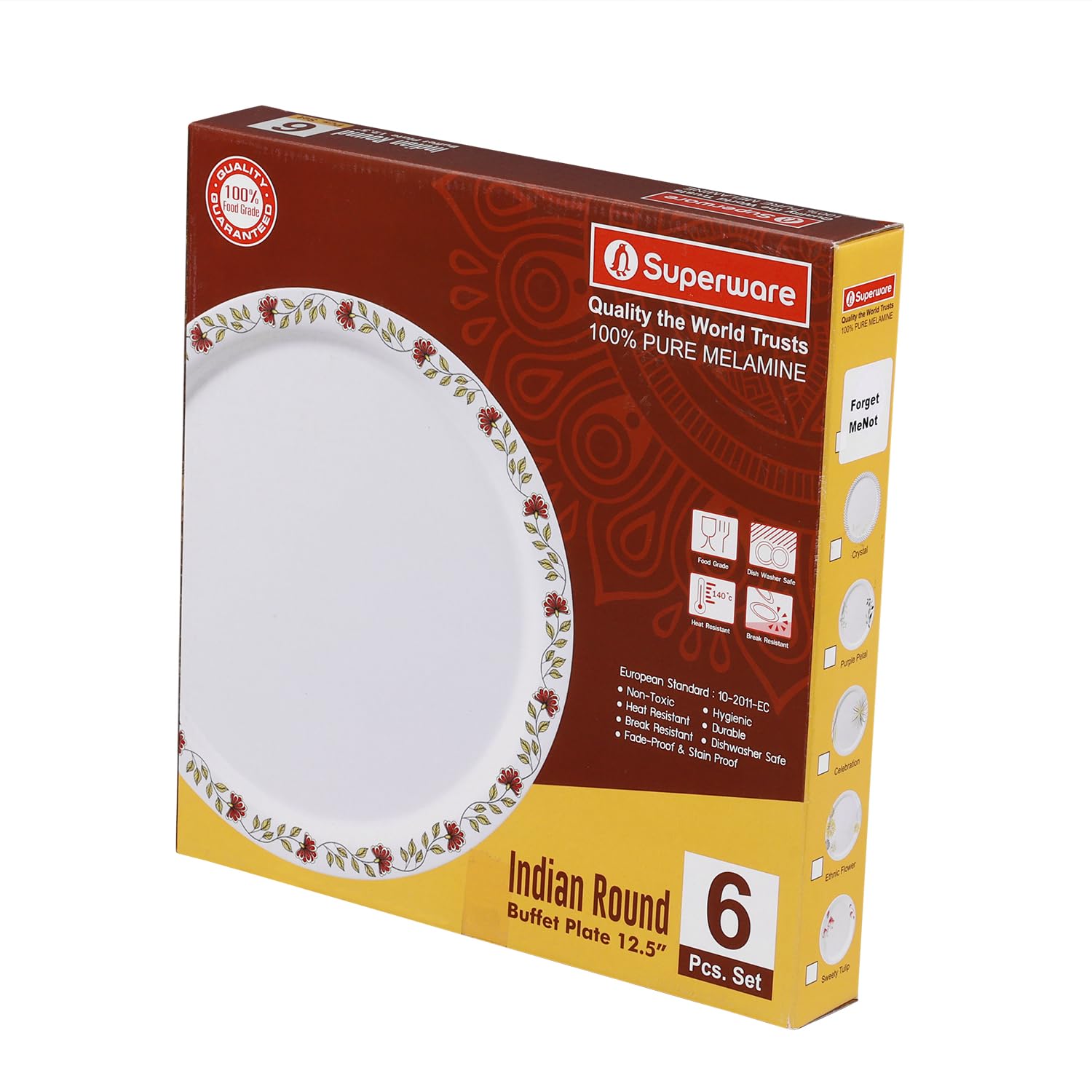 Superware | Pure Melamine | Dinner Plate Set  Forgetmenot 11 (6 Nos.) | Stain Free, Glazed Finish