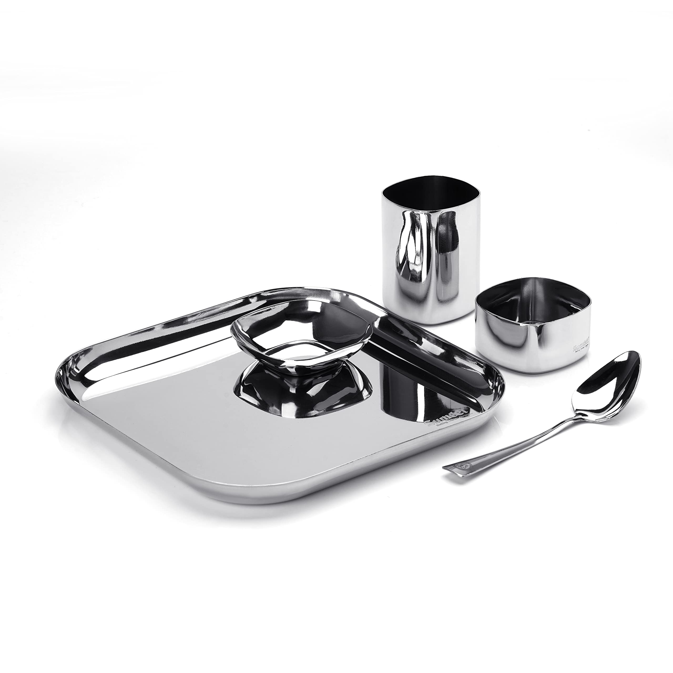 Sumeet Square Stainless Steel Heavy Gauge Mirror Finish Dinner Set Of 5 Pc (1 Plate, 1 Halwa Plate, 1 Bowl, 1 Glass, 1 Spoon)
