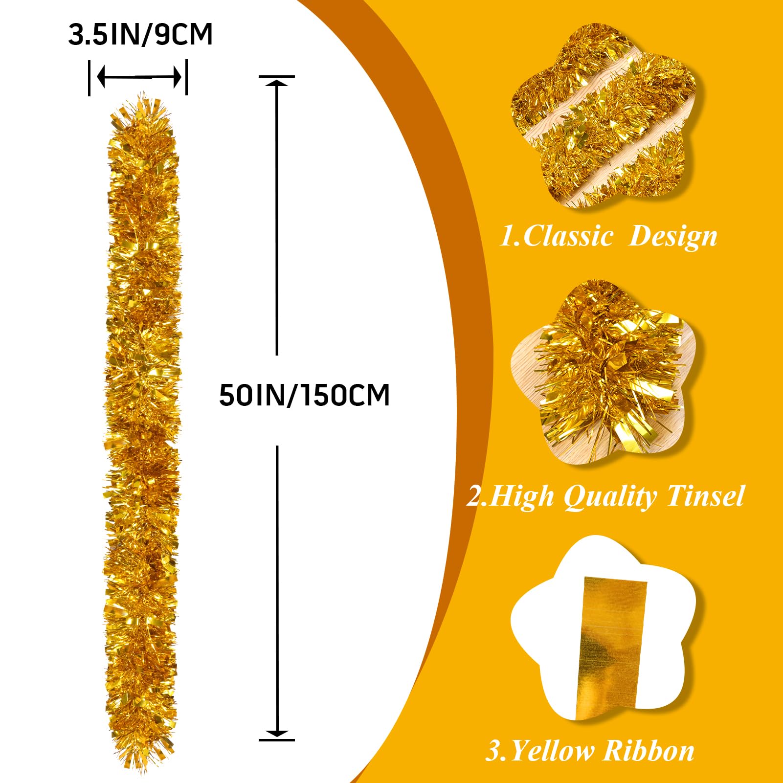 50Ft Gold Christmas Garland Decorations,Xams Tinsel Stems Non-Lit Soft Twist Garland Decor for Tree Stairs Railing Front Door Ma