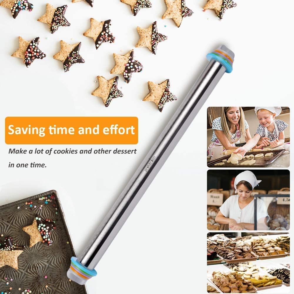 Prokitchen Adjustable Rolling Pin With Thickness Rings For Baking, Adjustable Stainless Steel Designs Dough Roller Pins For Cook