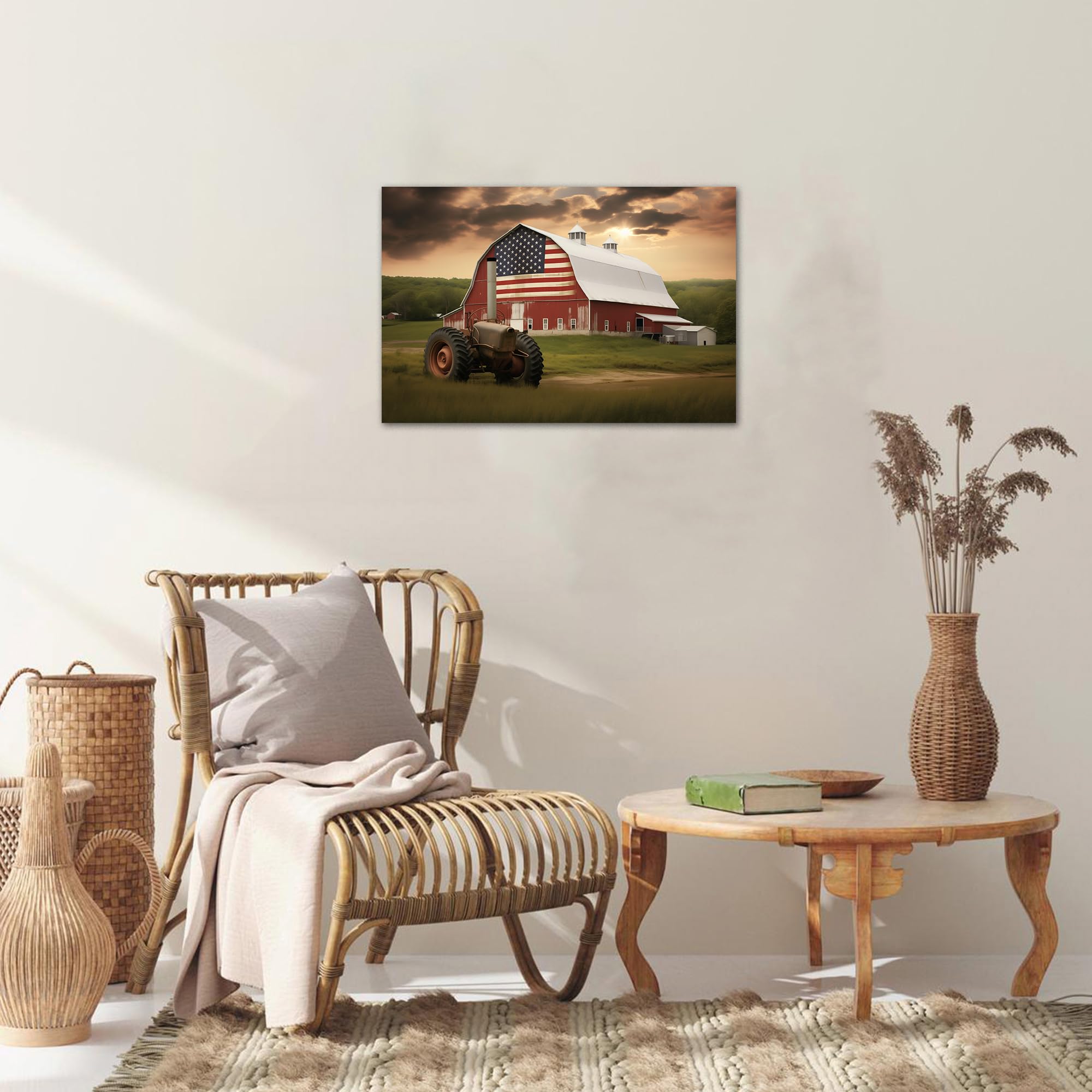 Farmhouse Truck Canvas Wall Art, Old Barn With Usa Flag Pictures Wall Art, Country Vintage Pickup Truck Canvas Prints, Retro Tru