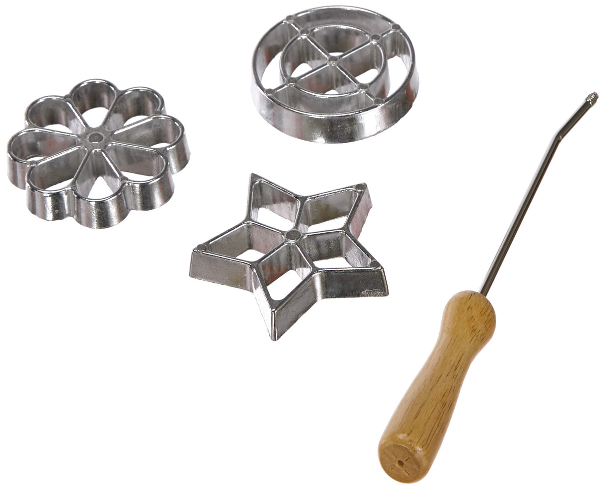 Ibili Accesorios Rosette Iron Set With Handle, Made In Spain, Rosette Waffle Iron Mold Set Stainless Steel With Wooden Handle In