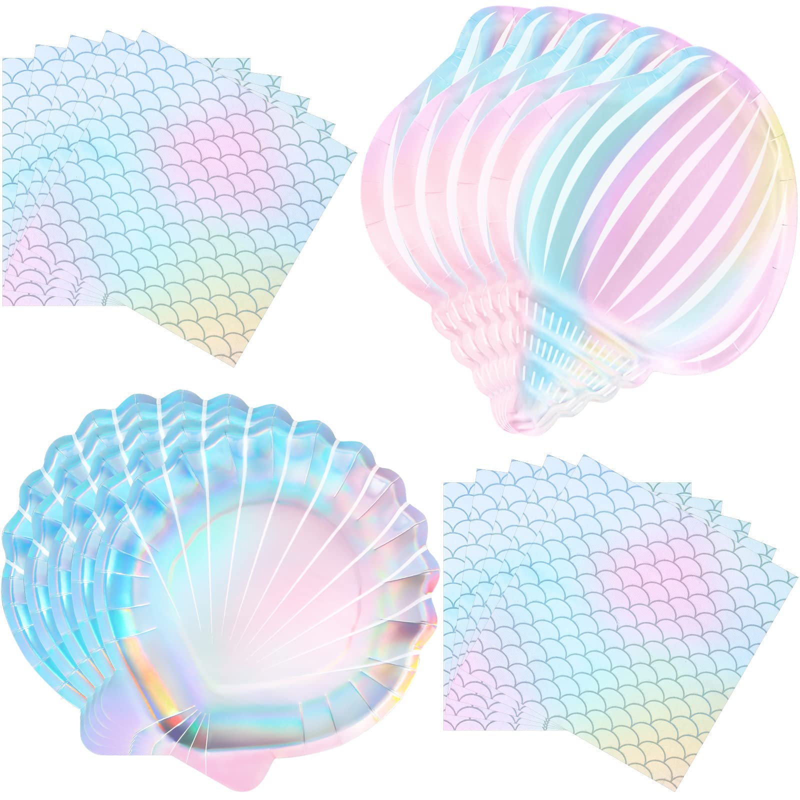 Gersoniel 40 Pcs Iridescent Mermaid Party Supplies Set, 20 Clam Shell Plates and 20 Mermaid Scales Napkins Party Decorations Dis