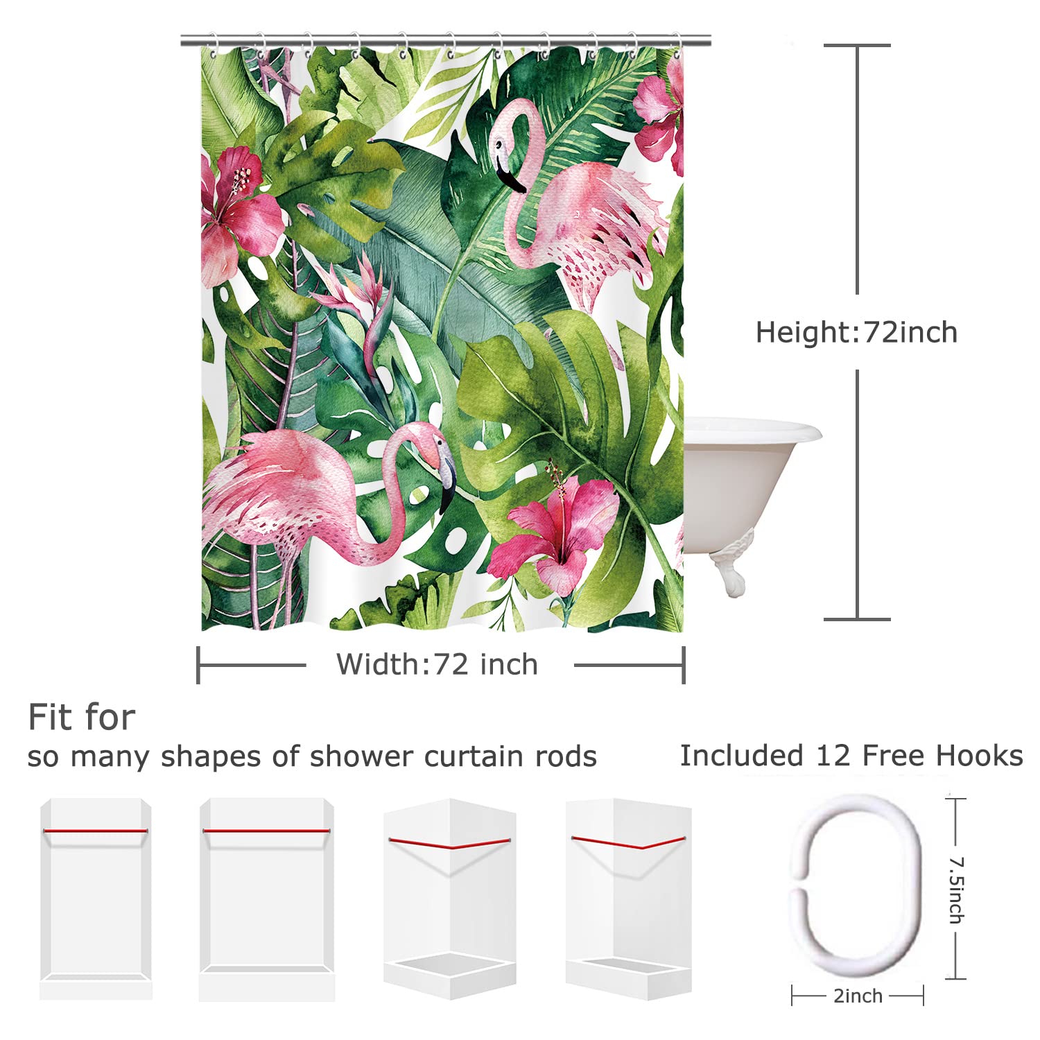 Livilan Tropical Shower Curtain, Green Shower Curtain, Flamingo Shower Curtains For Bathroom, Botanical Shower Curtain Set With