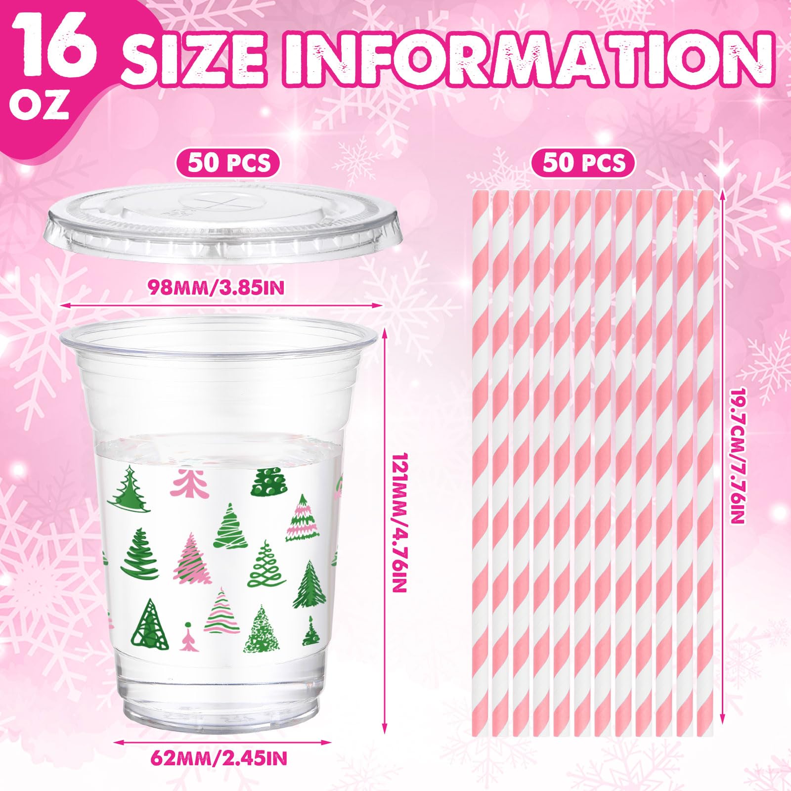 Funnymoom 50 Sets Christmas Disposable Plastic Cups Bulk with Lids Straws 16 oz Pink Green Xmas Tree Plastic Cups Cold Beverage