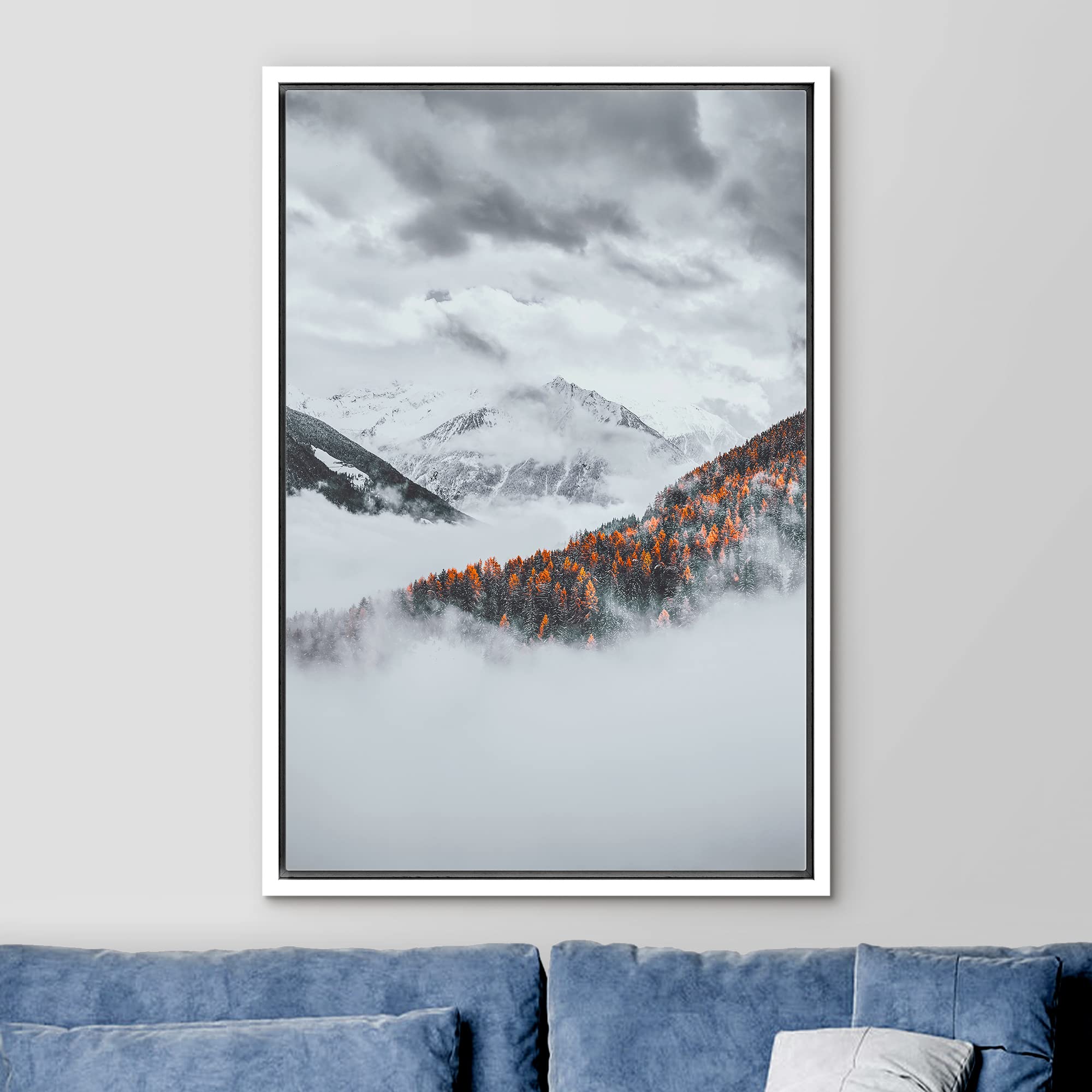 Ashbrook Framed Canvas Print Wall Art Mist Over Autumn Forest Mountains Nature Wilderness Photography Modern Rustic Scenic Multi