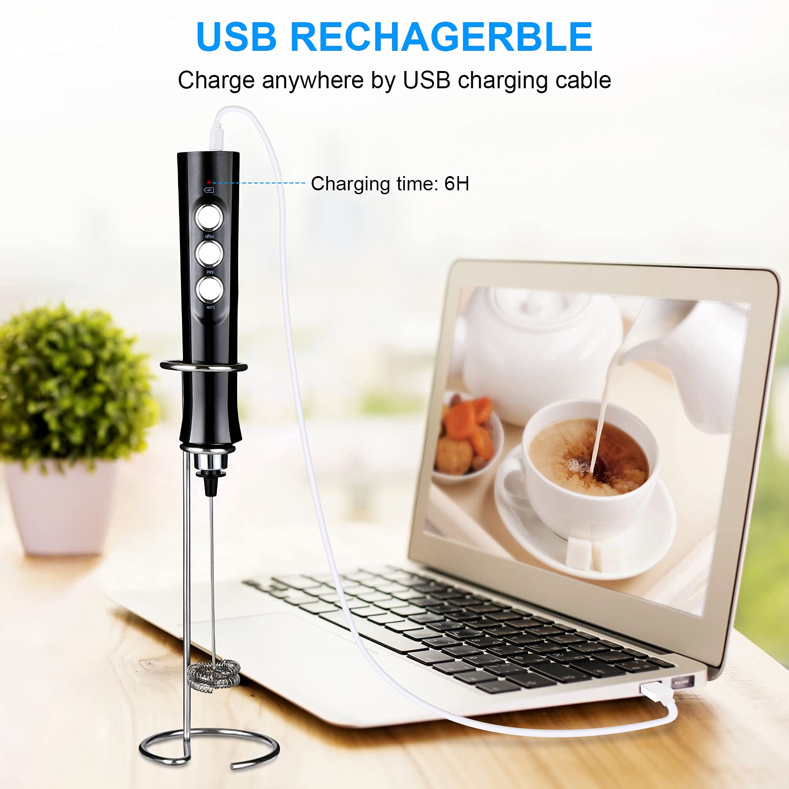 Wanderland Rechargeable Handheld Milk Frother-Coffee Mixer-Electric Coffee Frother Wand-Equipped With 2 Stainless Steel Egg Beat