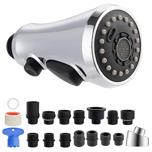 Hibbent Pull Down Kitchen Faucet Head Replacement  3-Function Kitchen Faucet Head Sink Spray Nozzle with 10 Adapters Compatible with Moen  American Standard  Delta  Kohler Faucets  Chrome