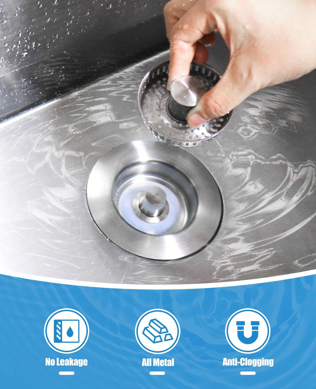 Kitchen Sink Drain Strainer, 3 In 1 All Stainless Steel Sink Strainer, Pop Up Sink Stopper With Copper Bounce Core, Anti-Clog Fo