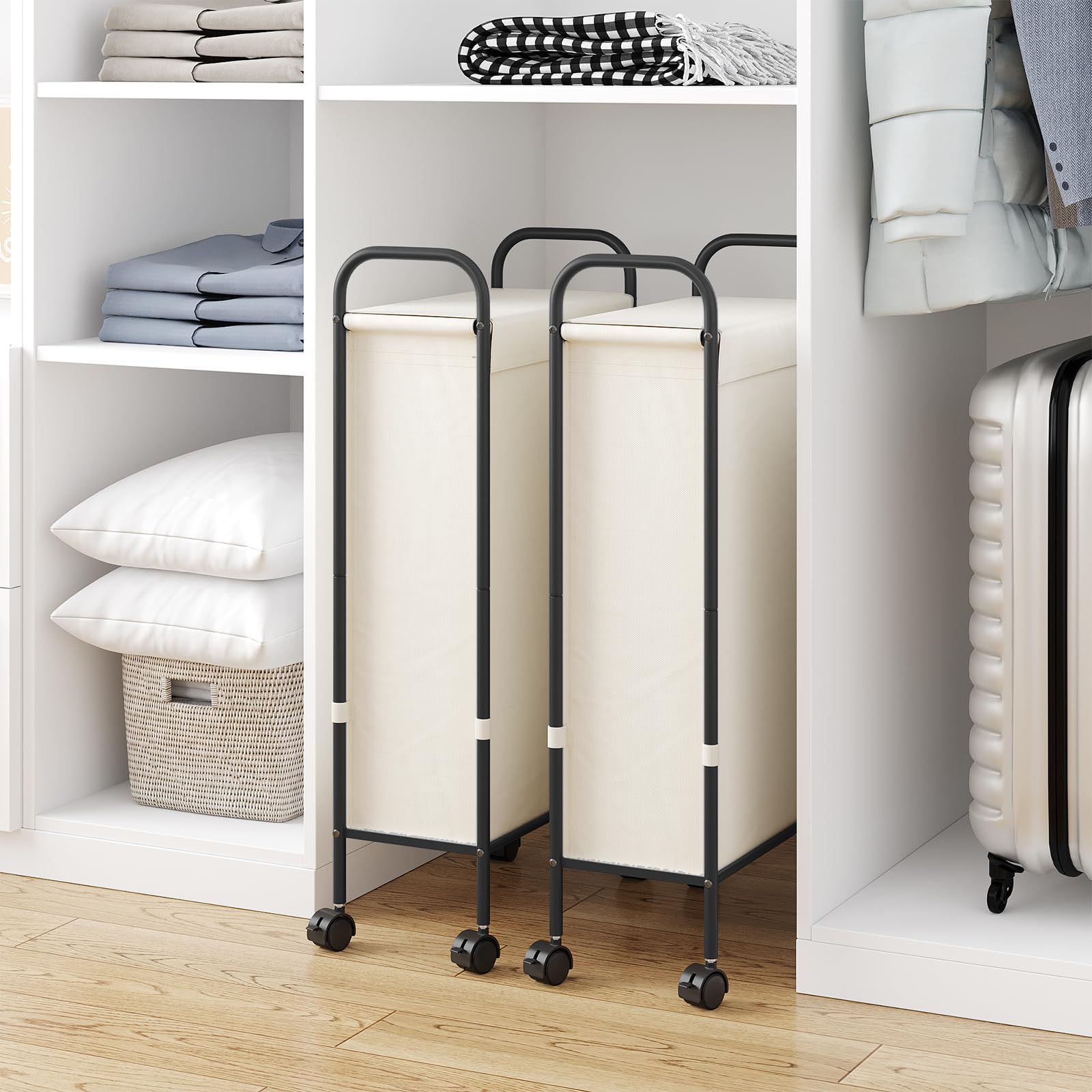 Elyken Slim Laundry Hamper With Lid, 50L Small Rolling Laundry Basket On Wheels, 7.9    Narrow Dirty Cloth Cart With Removable I