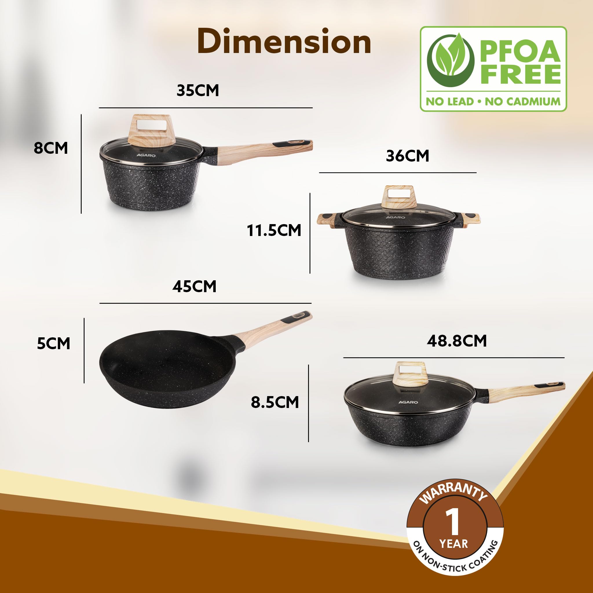 AGARO Imperial Granite Non Stick Cookware Set, 4pcs Cookware Set, 24cm Fry Pan & Casserole with Lid, 16cm Sauce pan with Lid, 28