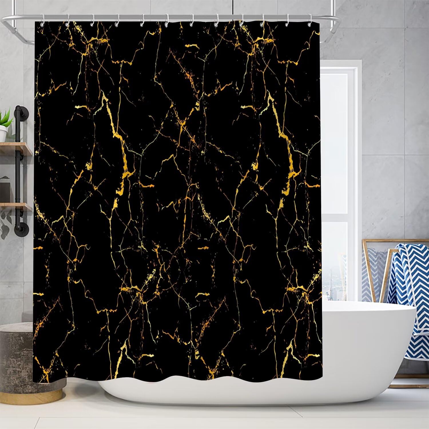 Azhm 4Pcs Shower Curtain Sets Black And Gold Marble Bathroom Sets With Shower Curtain And Rugs And Accessories Luxury Bathroom C