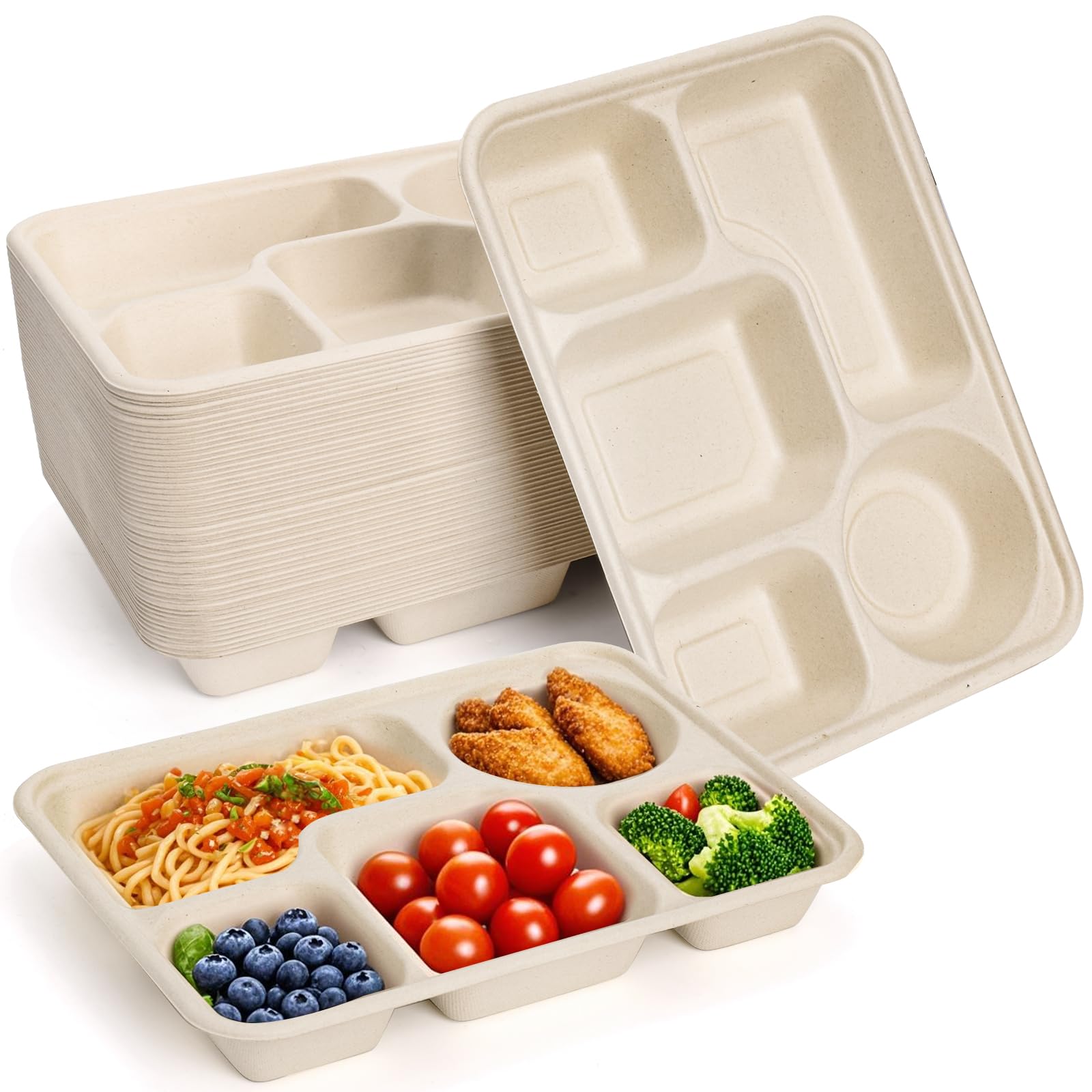 Hacaroa 50 Pack 5 Compartment Paper Plates Disposable, 11 x 8 Compostable Bagasse Plate School Lunch Trays, Biodegradable Divide