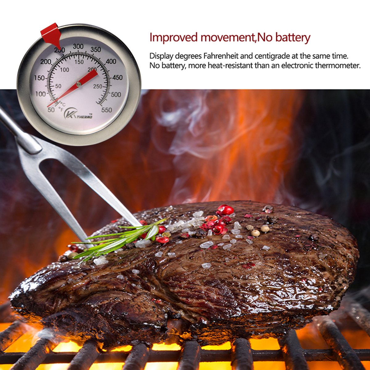Kt Thermo Deep Fry Thermometer With Instant Read,Dial Thermometer,12'' Stainless Steel Stem Meat Cooking Thermometer,Best For Tu