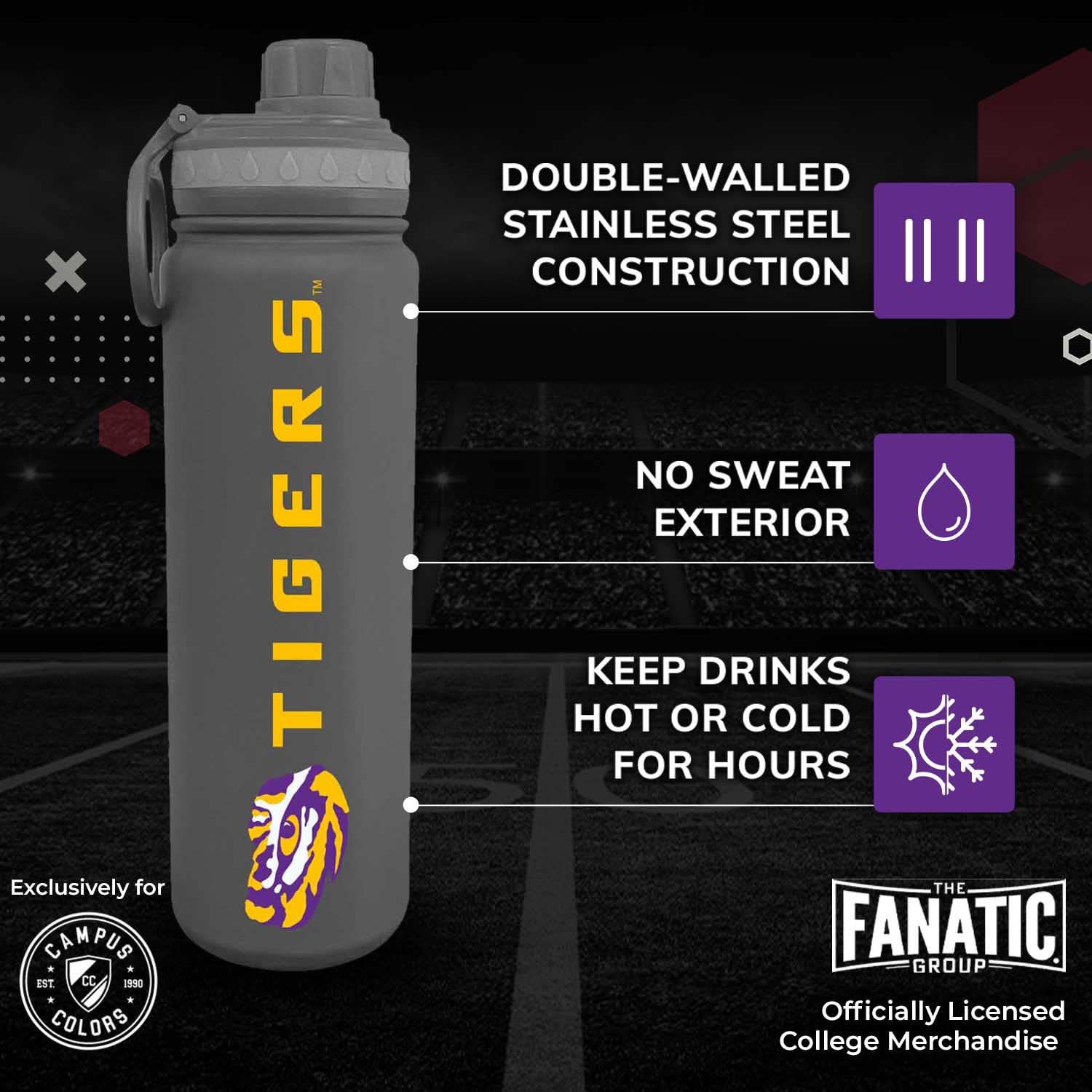 Campus Colors Ncaa Stainless Steel Water Bottle - Twist On Cap - 24 Oz - Carry Clip - Keeps Your Drinks Hot Or Cold For Hours (L