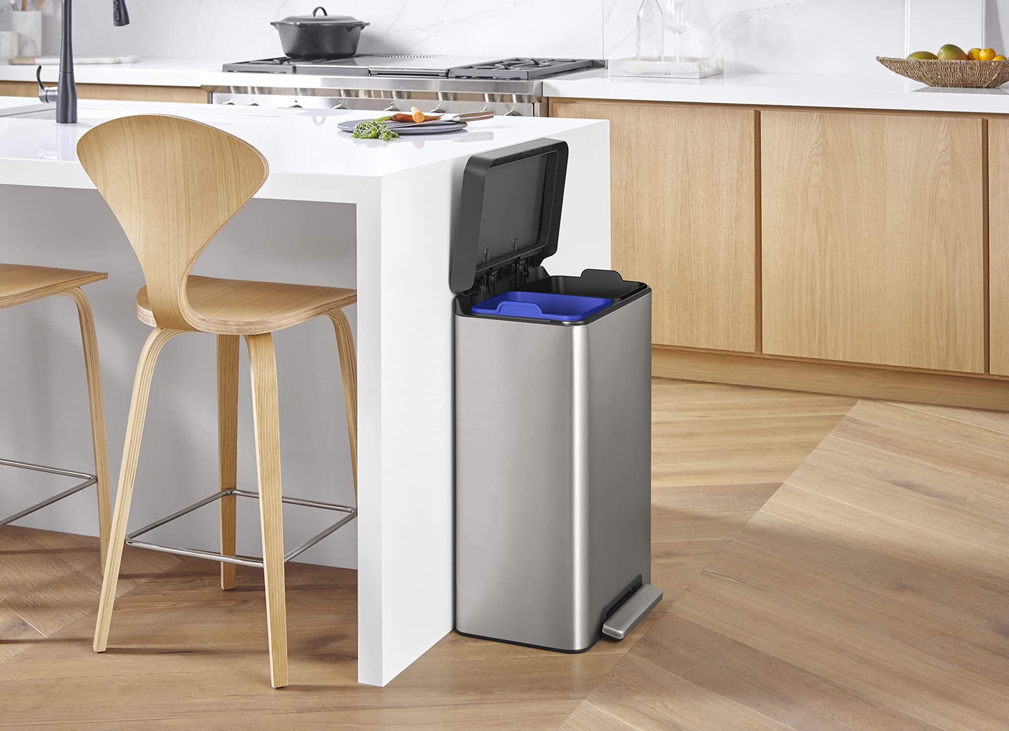 Kohler 20956-St 11 Gallon Hands-Free Dual Compartment Recycling Kitchen Step, Trash Can With Foot Pedal, Quiet-Close Lid, Stainl