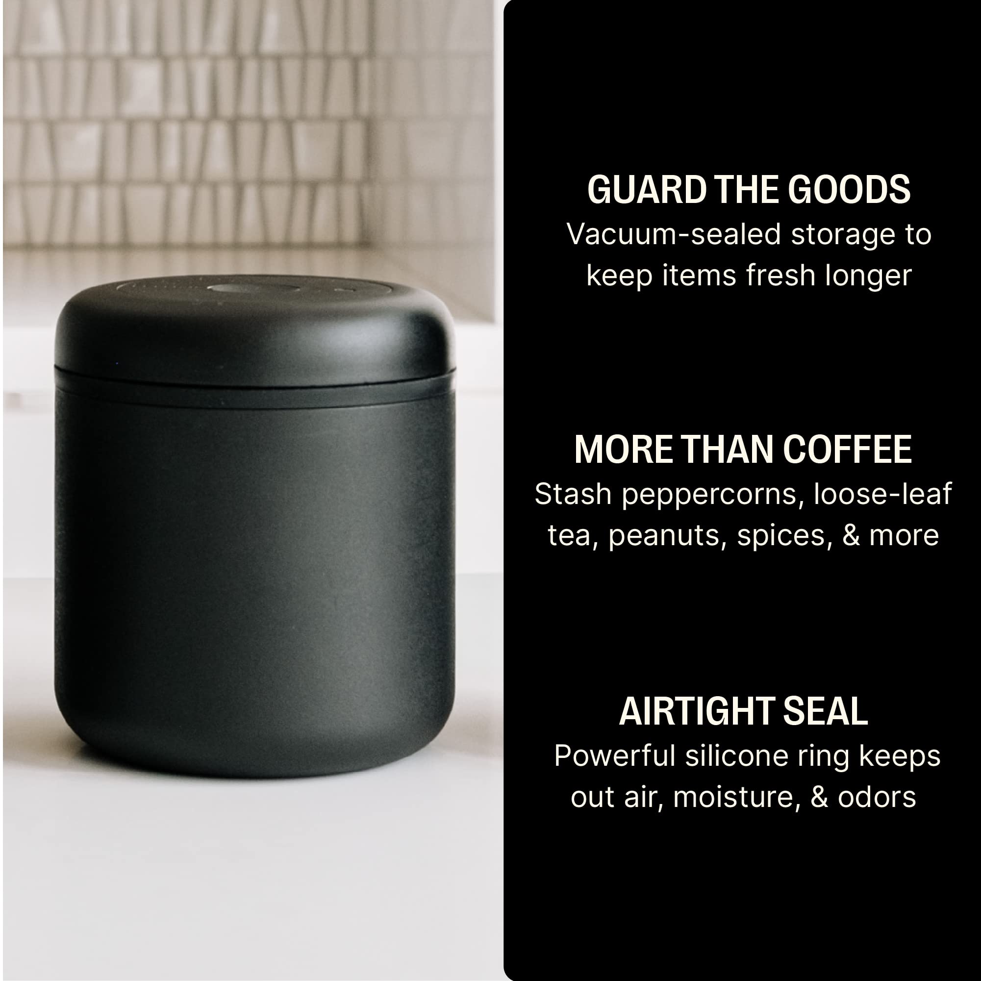 Fellow Atmos Vacuum Coffee Canister & Food Storage Container - Airtight Food Storage Containers - Coffee Containers - 11.1 oz - Matte Black