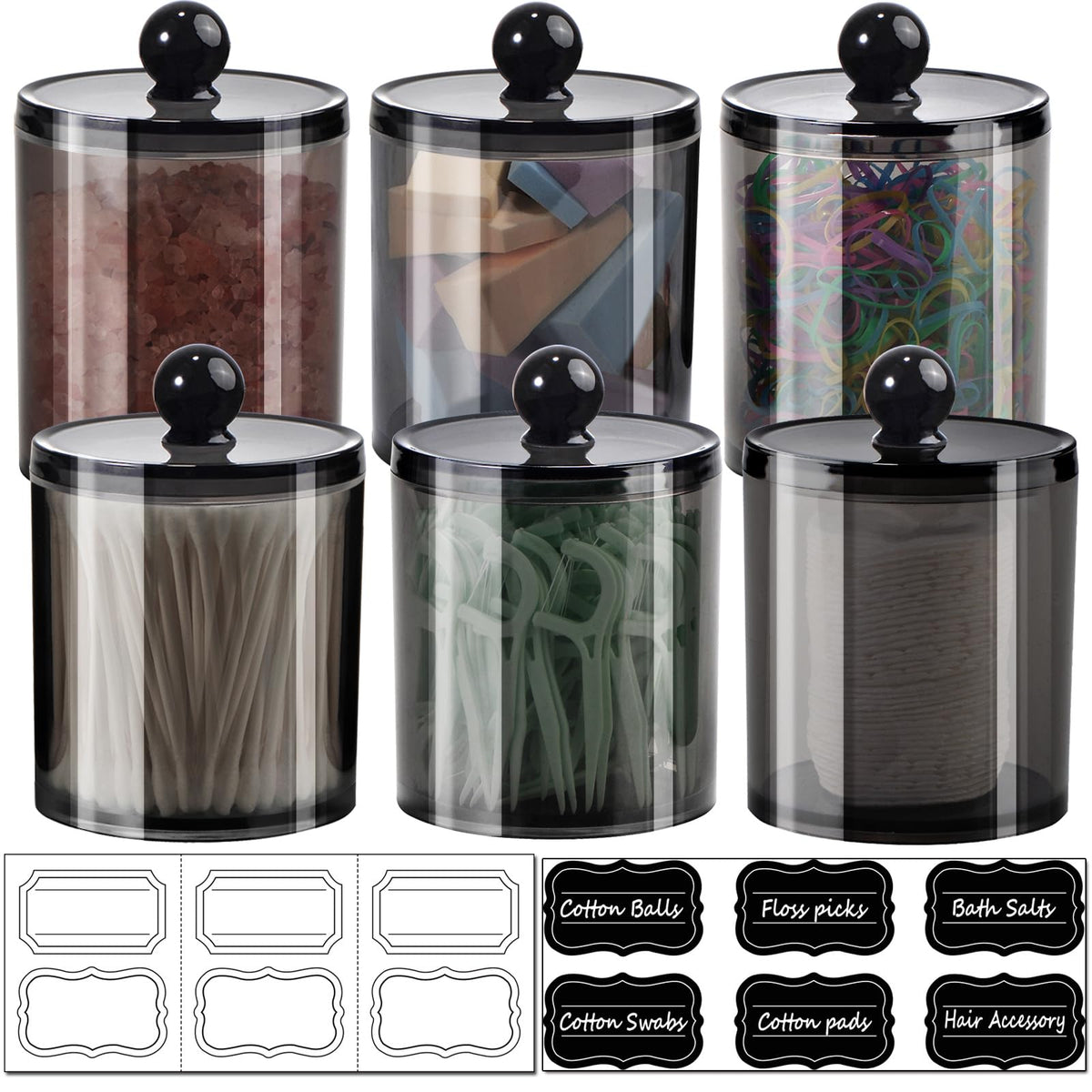 6 Pack Of 12 Oz. Qtip Dispenser Apothecary Jars Bathroom With Labels - Holder Storage Canister Clear Plastic Acrylic Jar For Bal