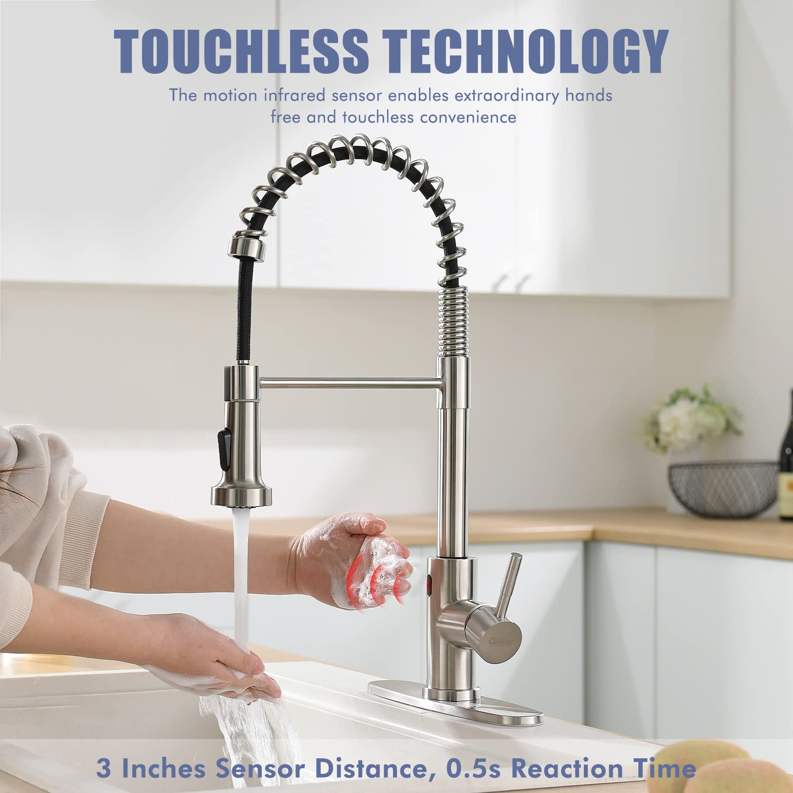 GIMILI Touchless Kitchen Faucet with Pull Down Sprayer  Motion Sensor Smart Hands-Free Activated Single Hole Spring Faucet for Kitchen Sink  Brushed Nickel