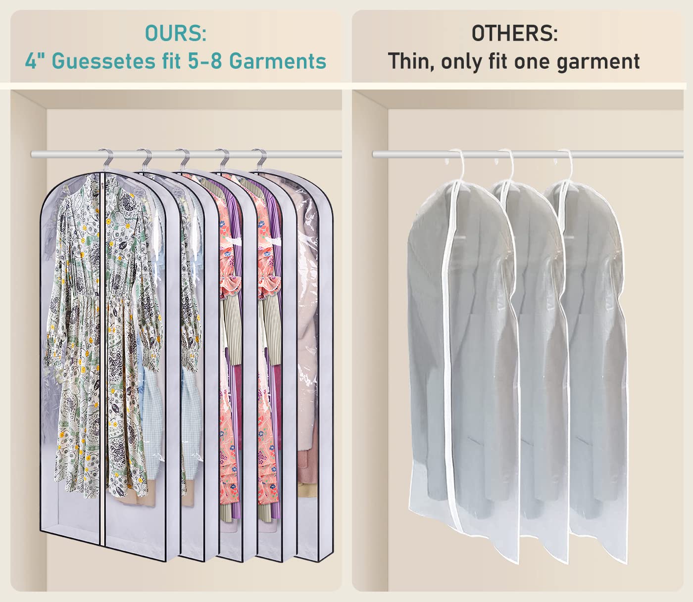 Sleeping Lamb 60'' Long Hanging Garment Bags For Closet Storage Gusseted Clear Dress Bag For Clothes, Gowns, Coats, Suits, 5 Pac