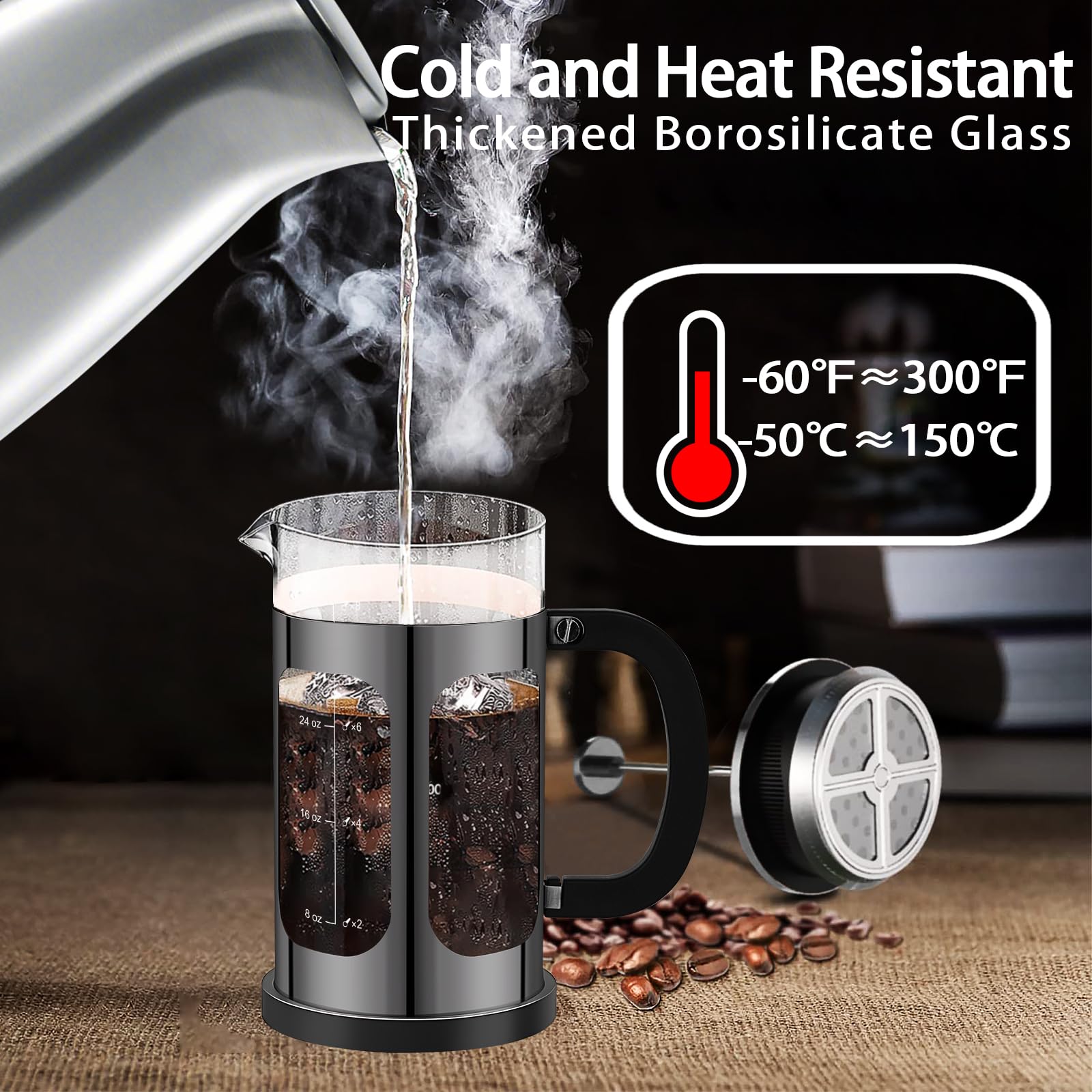 Ymmind French Press Coffee Maker (34Oz 1Quart 5-6Cup) Coffee Press, With 4 Filters System, Heat Resistant Thickness Borosilicate