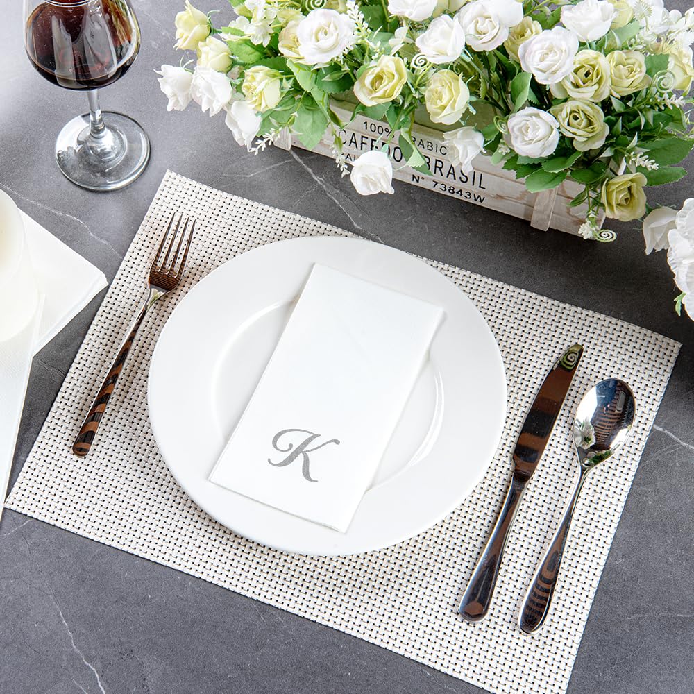 Luxenap 15.8 X 7.9 Inch Linen-Feel Guest Towels, 50 Lettered Hand Towels - Silver Letter 'K', Cursive Font, White Paper Dinner N