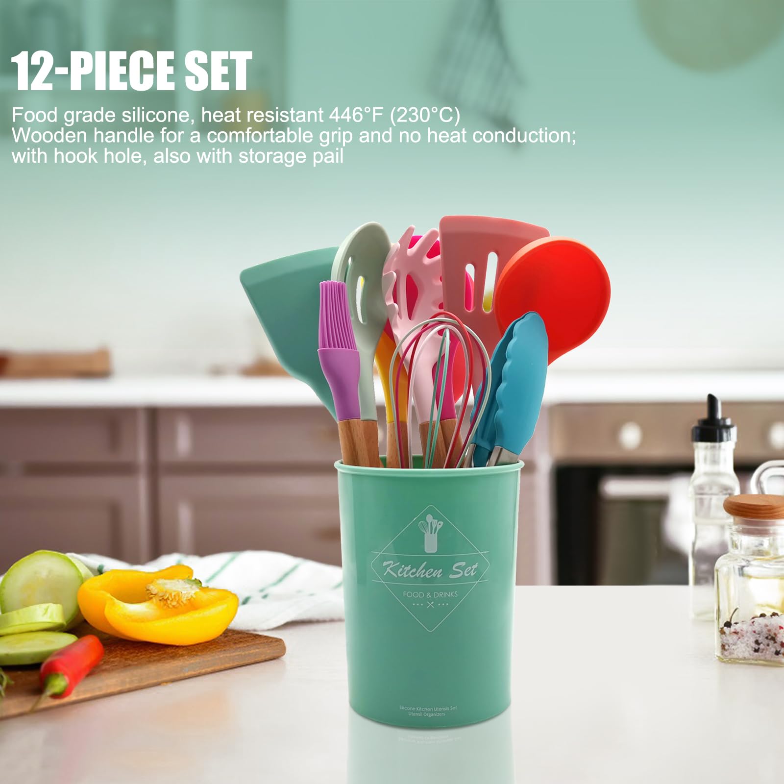 Kitchen Utensils Set Of 12, Silicone Cooking Utensils With Non-Slip Wooden Handle And Organizer Bucket, 446F Heat Resistant Cook