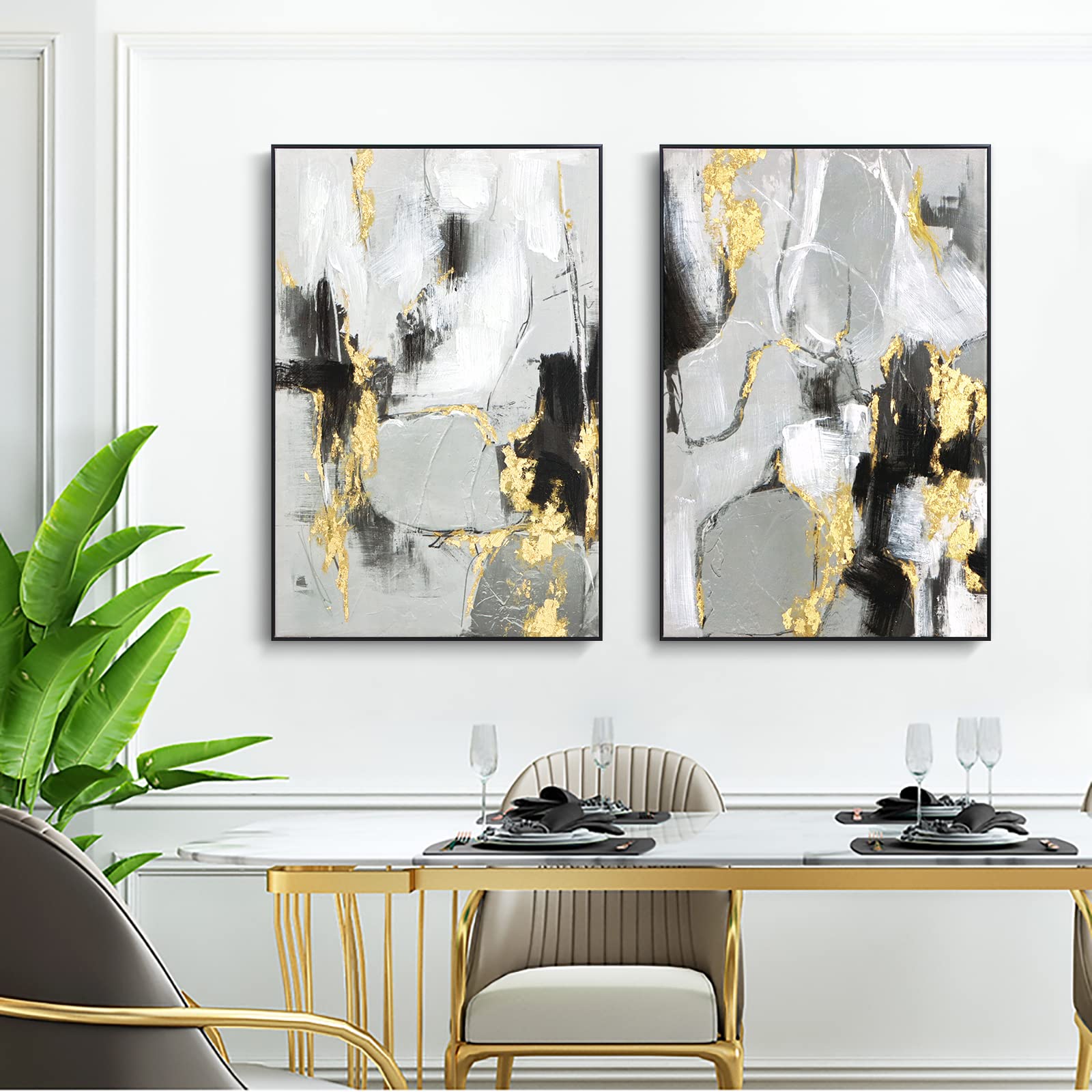 Zessonic Black Abstract Wall Art Decor - 2 Pack 24'' X 36'' Black And Gold Canvas Wall Decor With Hand Texture For Living Room,