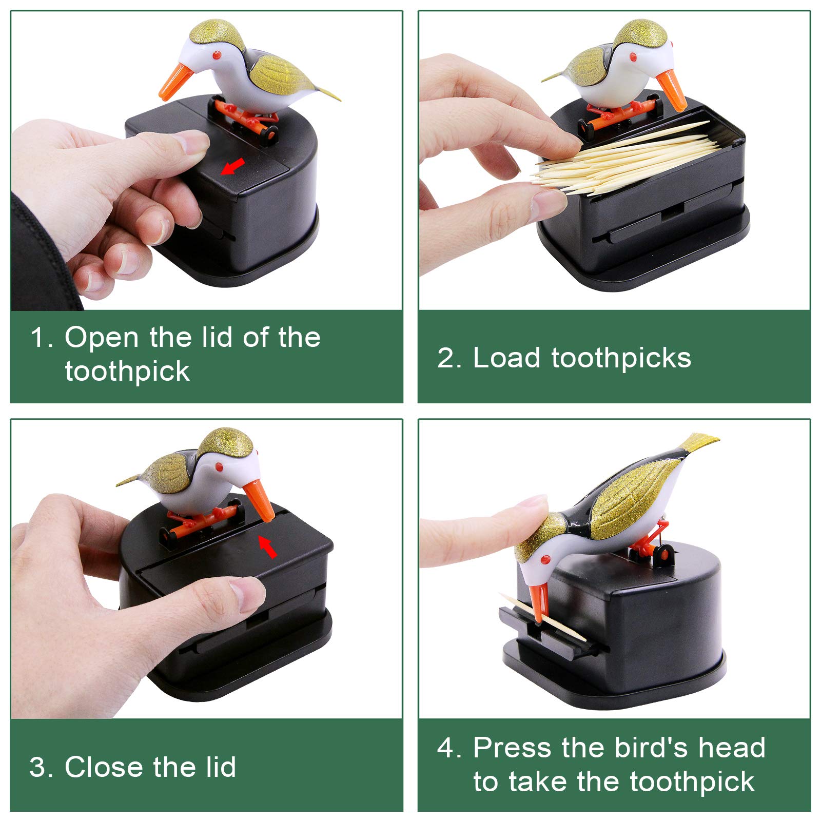 Jucaifu Little Bird Toothpick Dispenser, Creative Push-Type Toothpick Bird Dispenser, Toothpick Holder. (Gold)