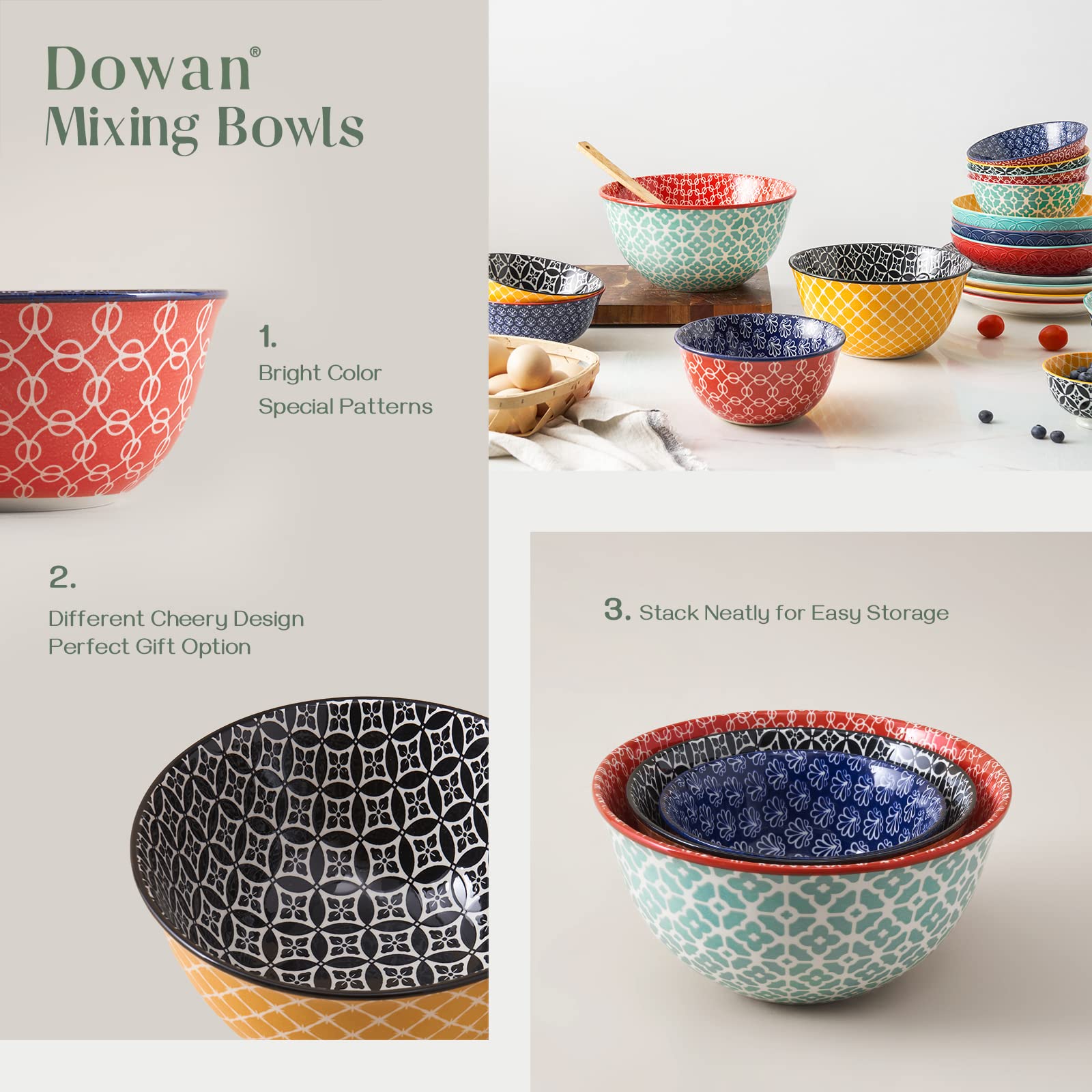 Dowan Mixing Bowls, Ceramic Mixing Bowls For Kitchen, Colorful Vibrant Nesting Bowls For Cooking, Baking, Prepping, Serving, Sal